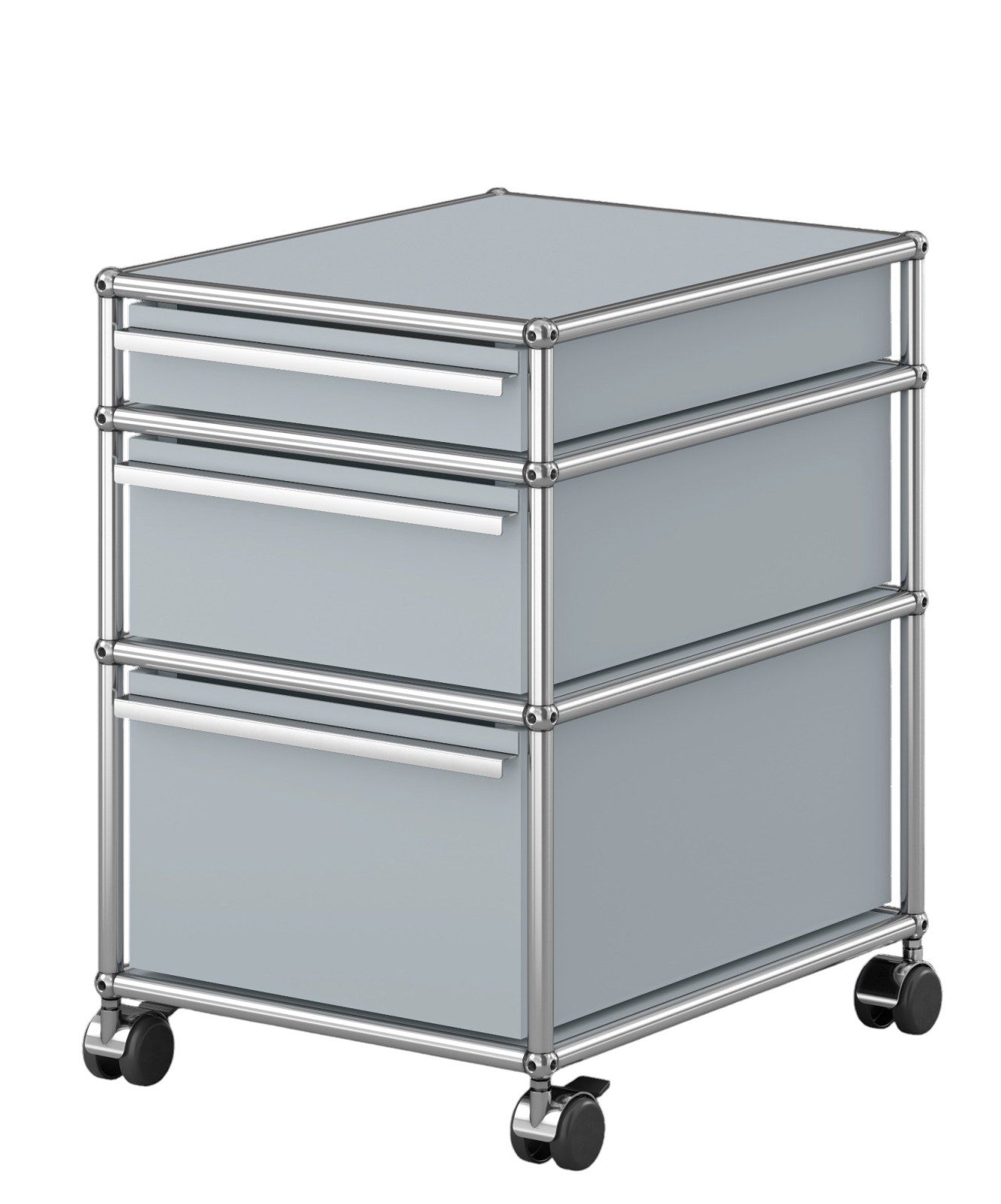 USM Haller Rollcontainer mit drei Schubladen in Mattsilber, modernes Design für Büro und Zuhause.