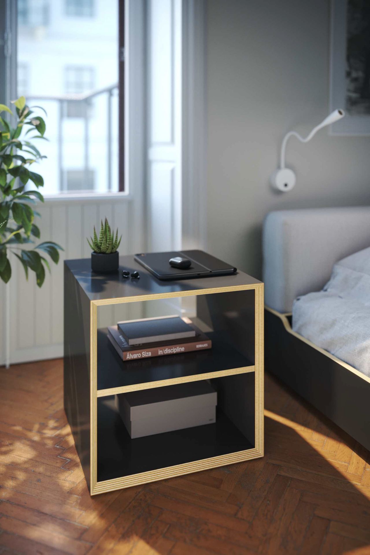 Vertiko Dice Beistelltisch von Müller Möbelwerkstätten in Schwarz mit zwei Ablagefächern, ideal als Nachttisch oder Hocker.