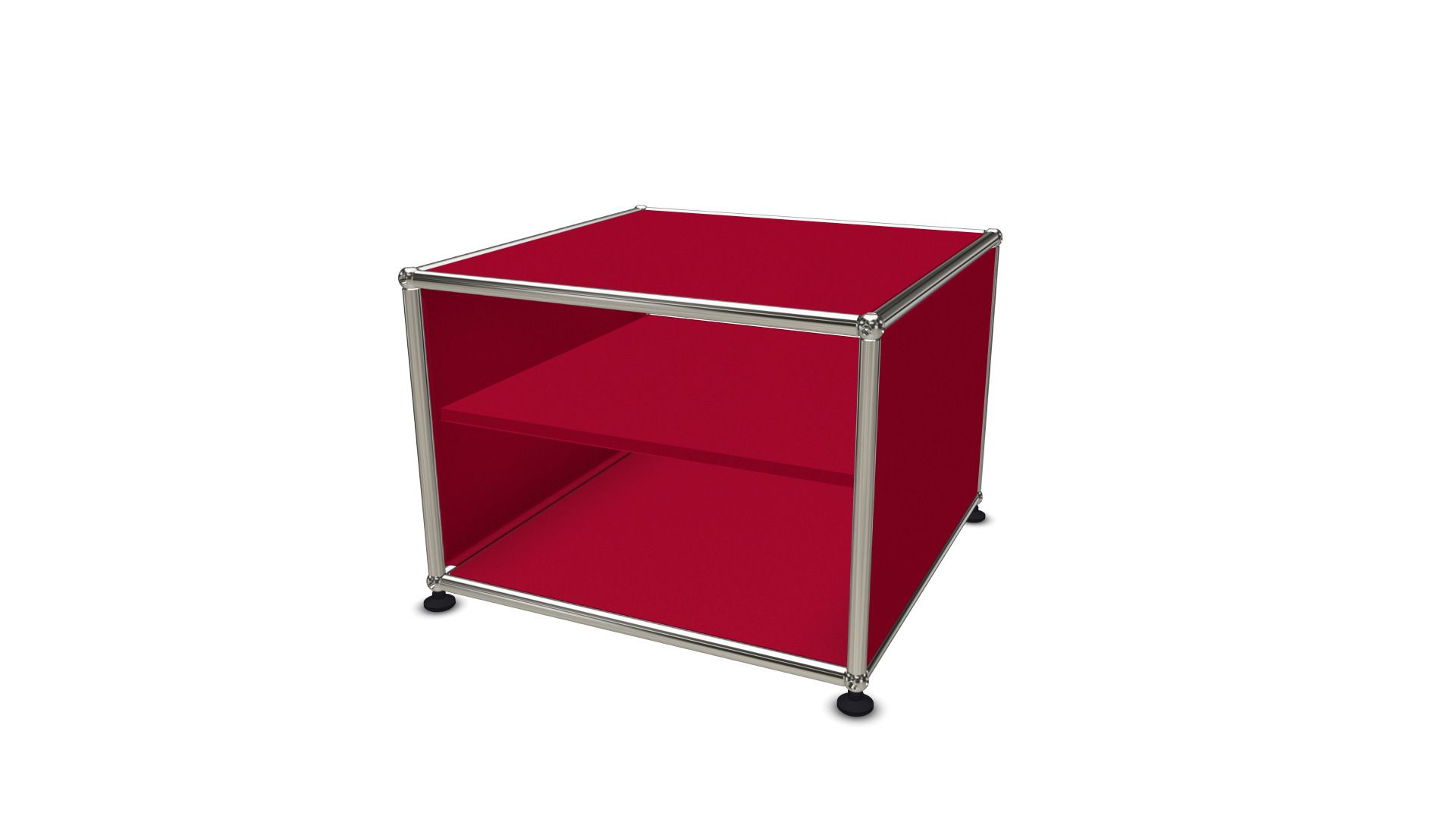 Rotes USM Haller Beistellmöbel mit Zwischentablar, moderner Designklassiker für Wohnzimmer und Büro.