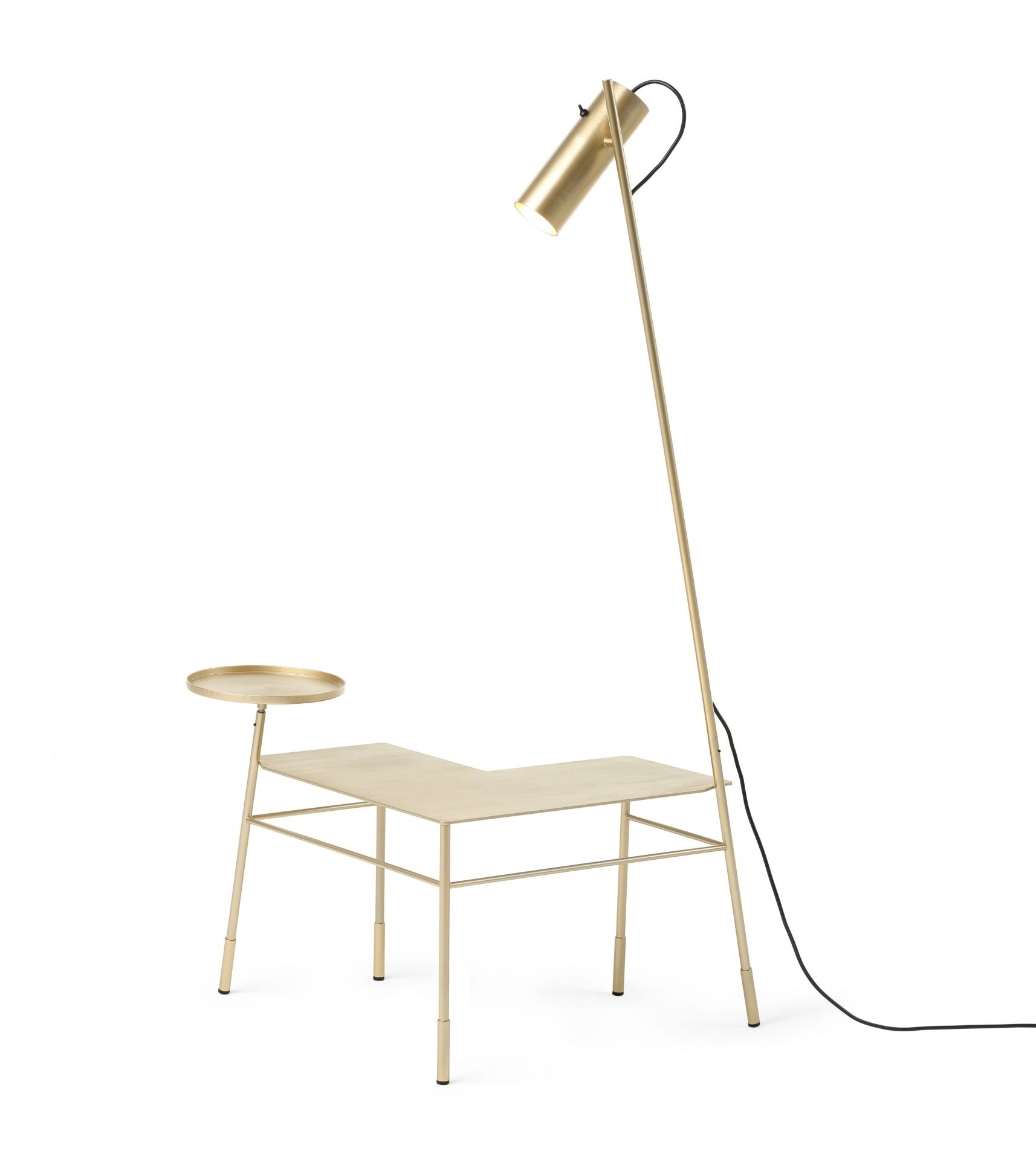 Dase´Ecktisch mit Lampe in Gold satiniert: Moderner Beistelltisch mit integrierter Stehlampe und Ablage.