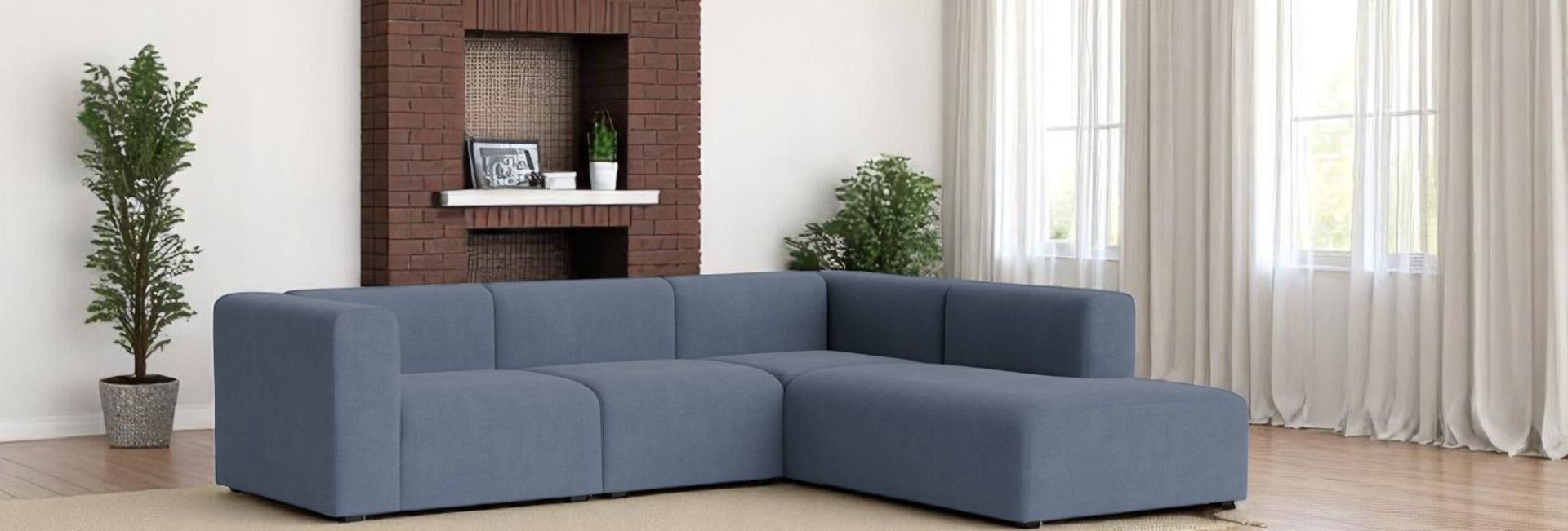 Blaues Mags Sofa Eckkombination mit Armlehne rechts, Stoff Linara 440, modernes Wohnzimmer Design.
