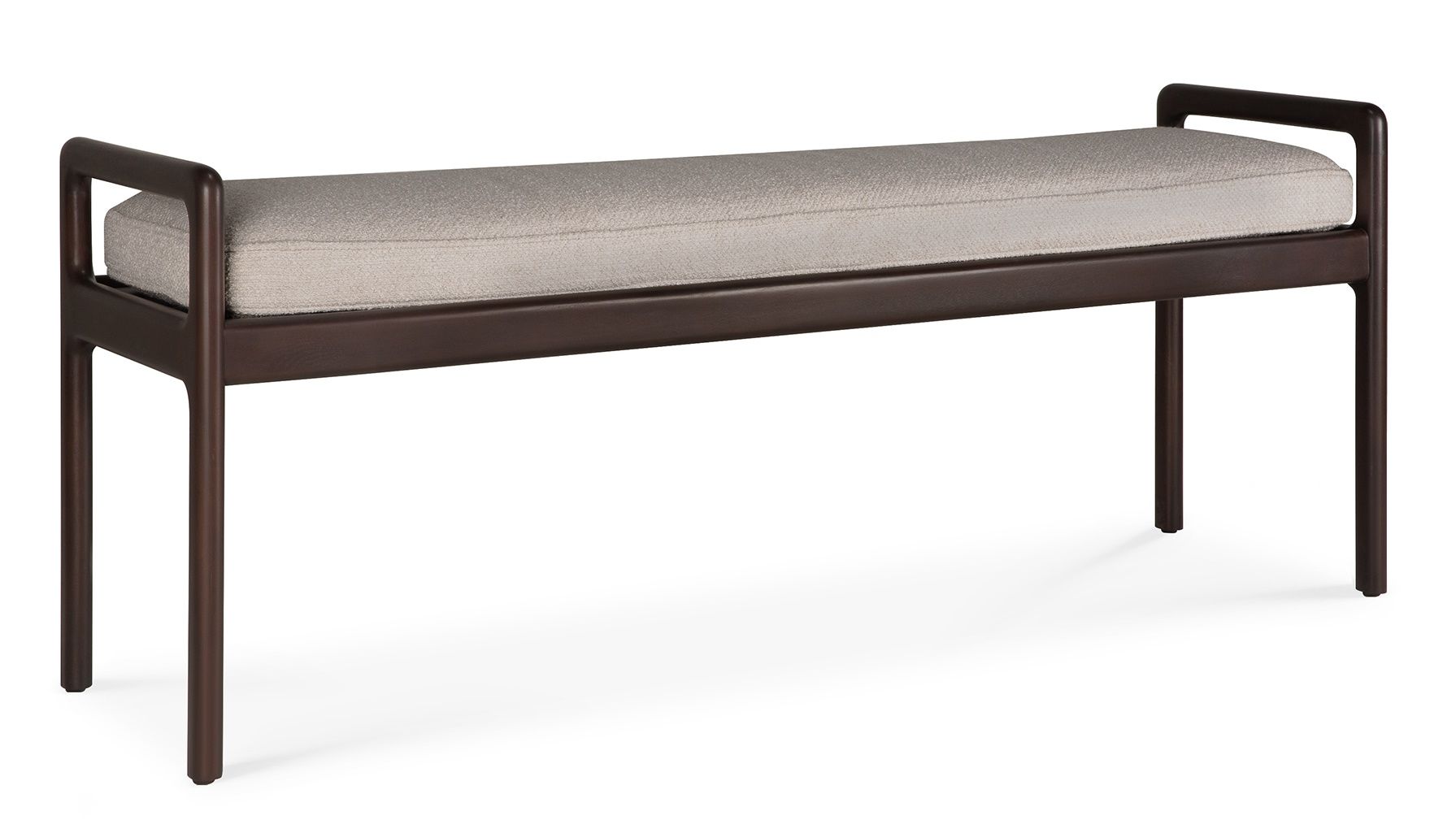 Jack Bank von Ethnicraft mit Sitzpolster in Ivory. Holzbank mit Armlehnen und Stoffbezug.