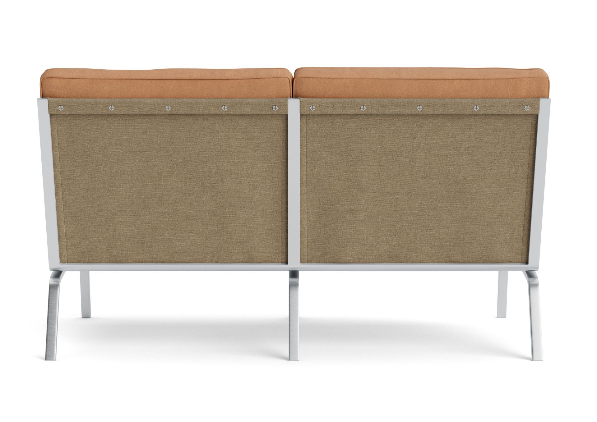 Rückansicht des NORR11 Man Couch 2-Sitzer Sofas in Braun mit Metallrahmen. Modernes Design.