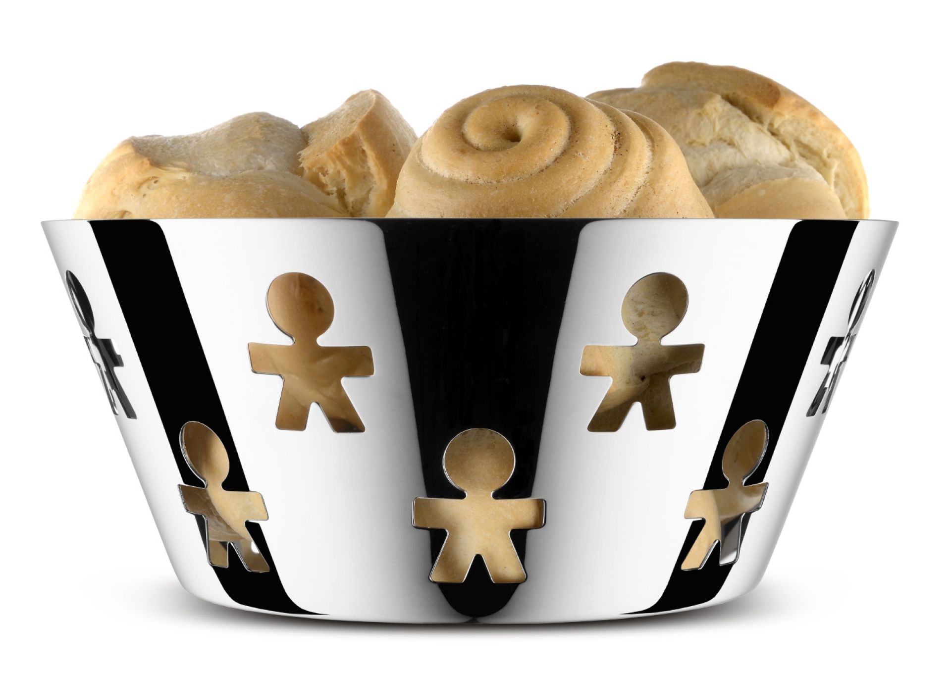 Alessi Girotondo Schale mit Brot. Edelstahl Schale mit ausgeschnittenen Männchen. Design Schale.