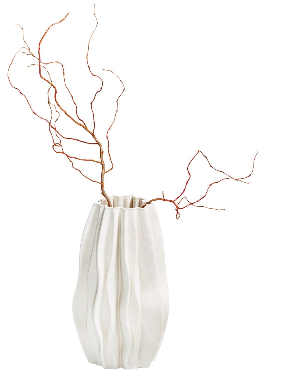 Weiße PLISSEE Vase von Philippi aus Keramik mit dekorativen Ästen. Moderne Blumenvase für Wohnaccessoires.