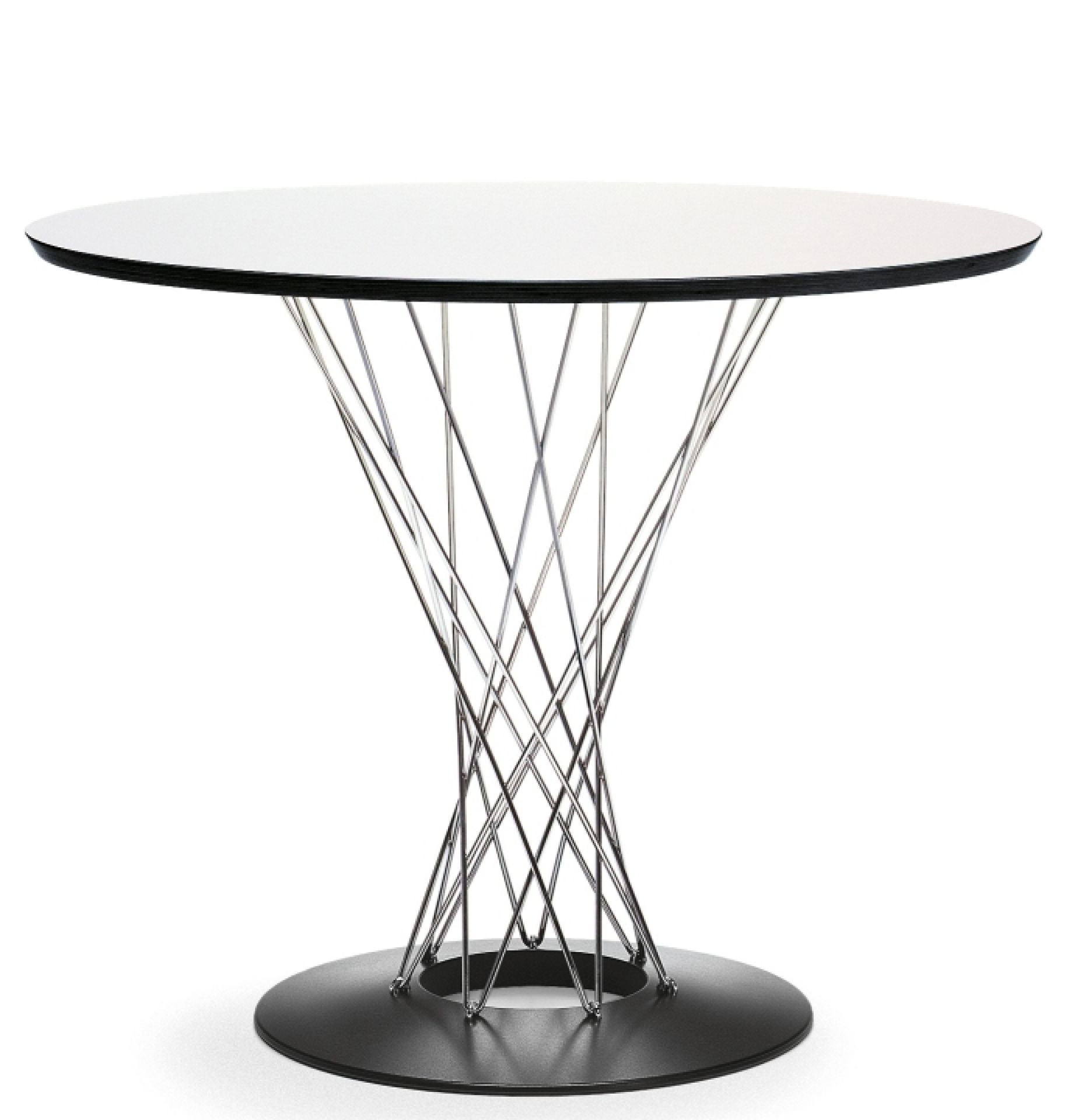 Weißer runder Esstisch im Noguchi Design mit filigranem, verchromtem Drahtgestell.