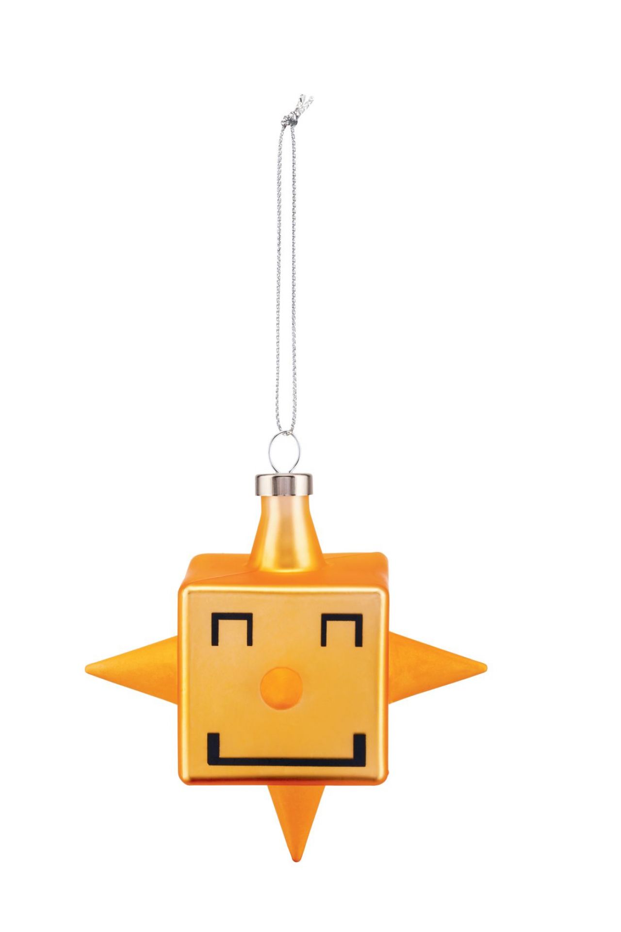 Goldener Cubik Star Weihnachtsanhänger von Alessi mit freundlichem Gesicht und silberner Kette.