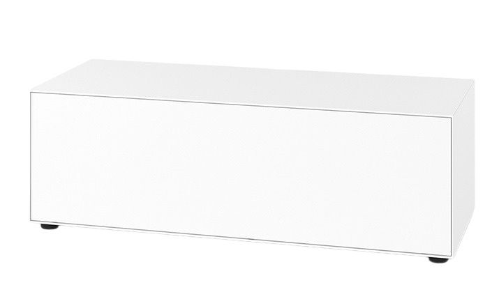 Weißes Nex Pur Box Lowboard von Piure mit Medienklappe, minimalistisches TV-Möbel.