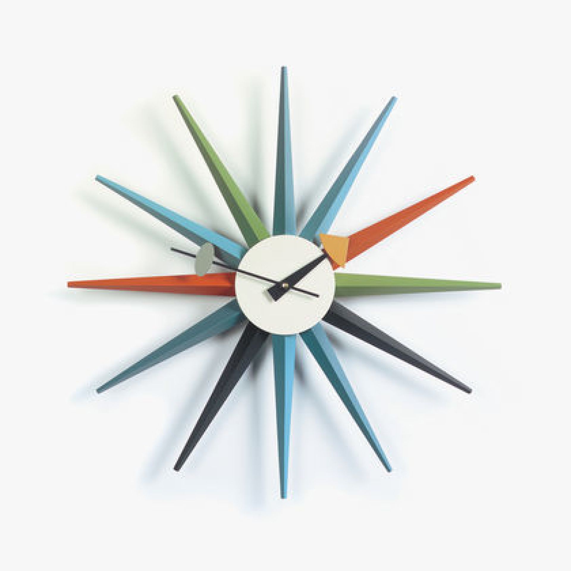 Mehrfarbige Sunburst Clock Wanduhr von Vitra mit bunten Holzstrahlen und weißem Ziffernblatt.