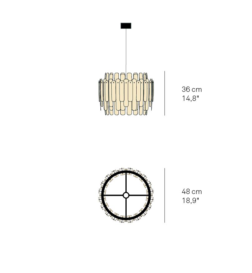 Abbildung der Maruja Pendelleuchte von LZF Lamps in Hellrosa mit Maßangaben.
