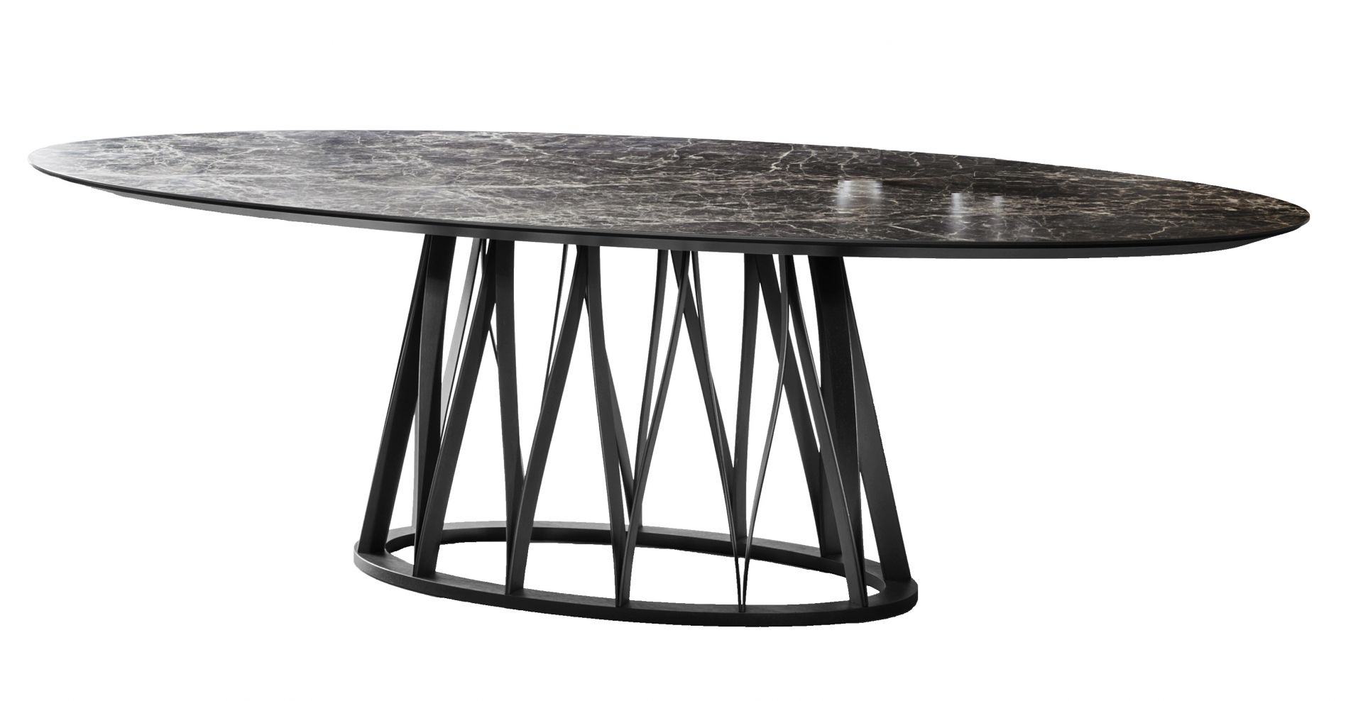 Acco Tisch von Miniforms mit ovaler Marmorplatte und schwarzem, geometrischem Metallgestell.