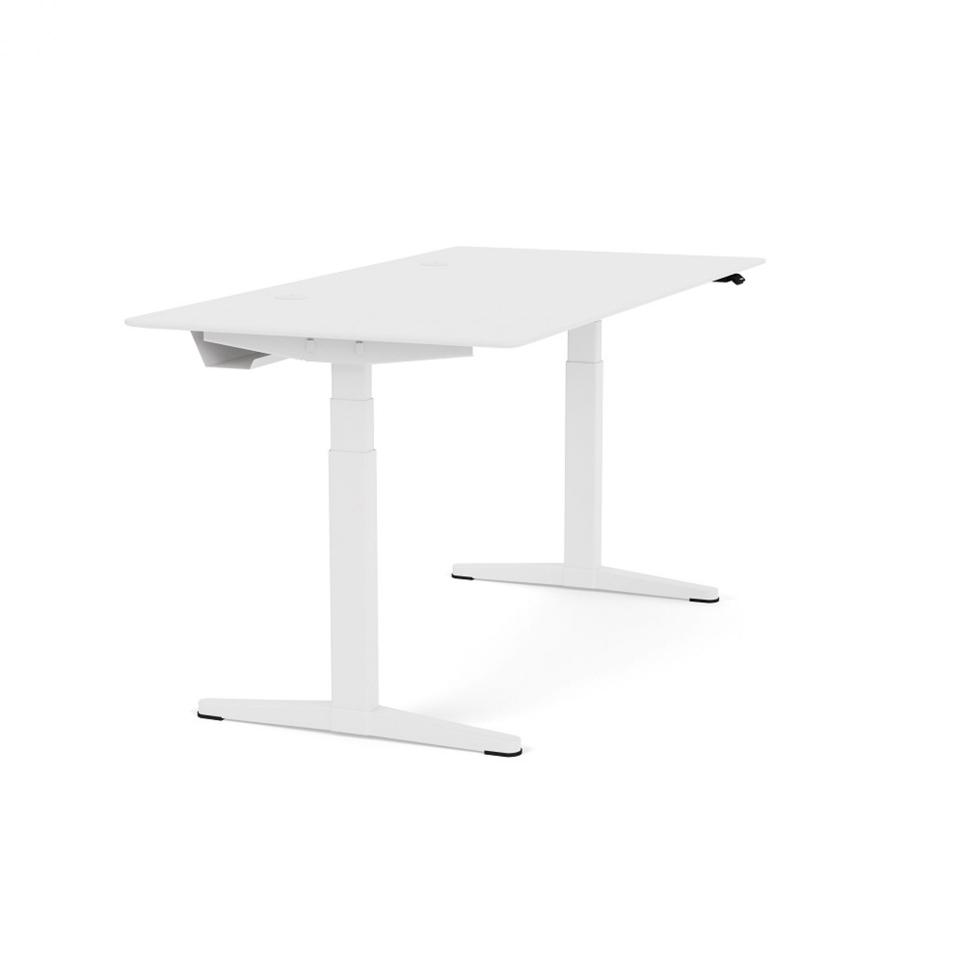 Weißer HiLow höhenverstellbarer Schreibtisch mit elektrischer Verstellung für ergonomisches Arbeiten im Büro oder Homeoffice.