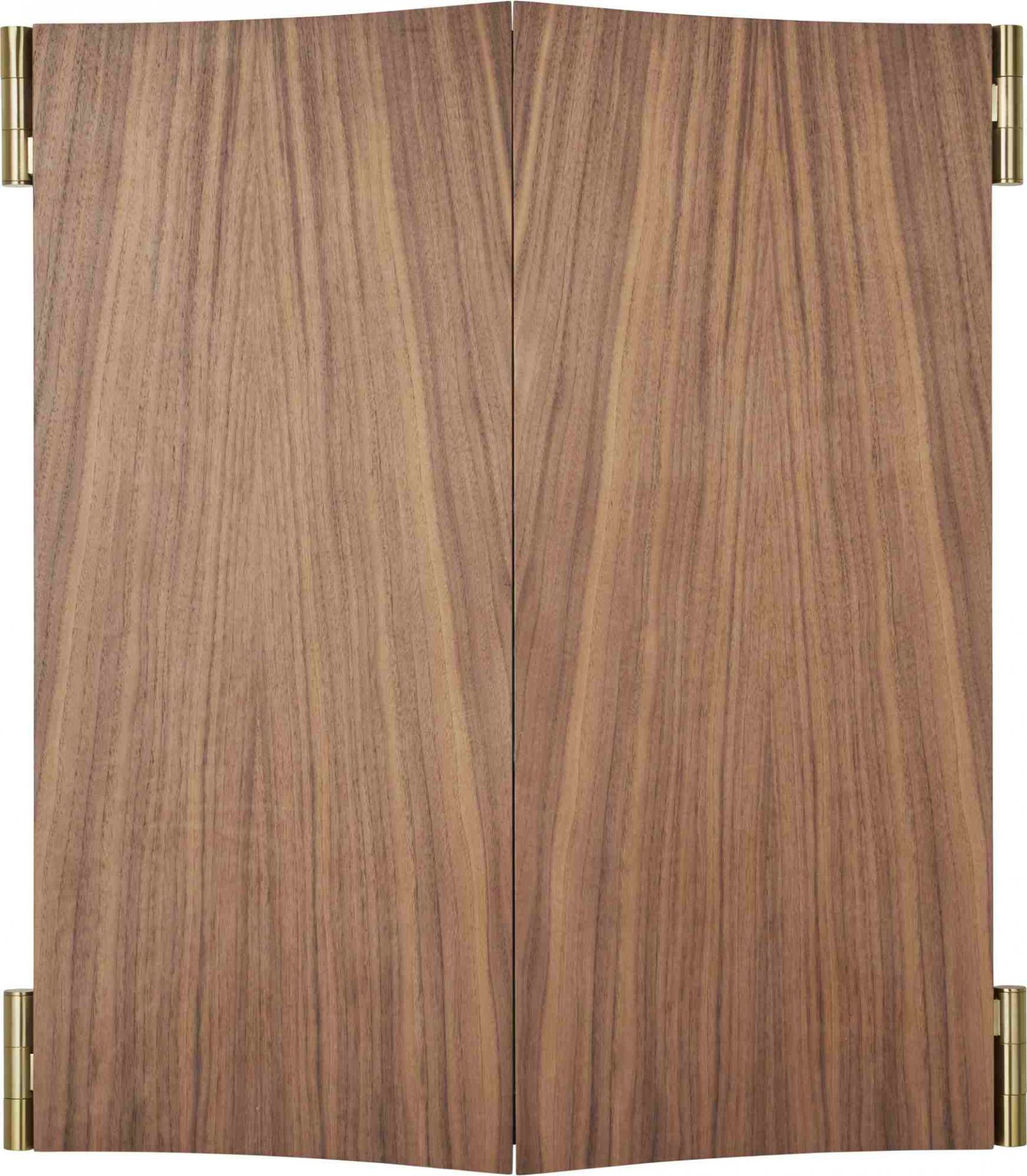 Nahaufnahme des Gubi Vanity Wall Mirror 3 Wandspiegels mit Walnussholz-Finish und goldenen Scharnieren.