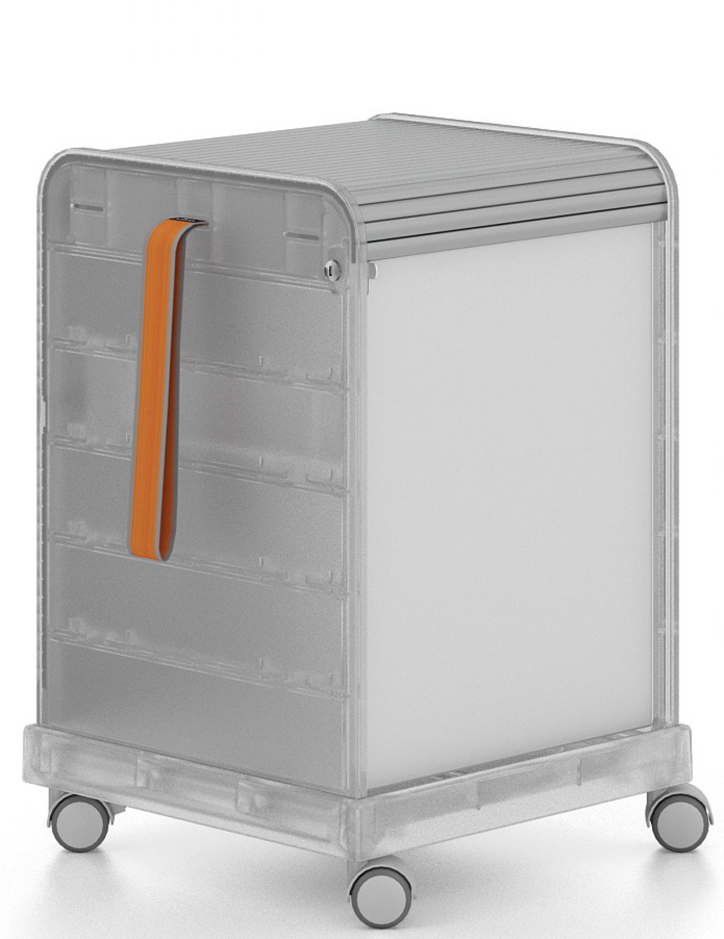 Transparenter "Follow Me" Rollcontainer von Vitra mit Rollen, Griff und Rollladen für Bürobedarf.