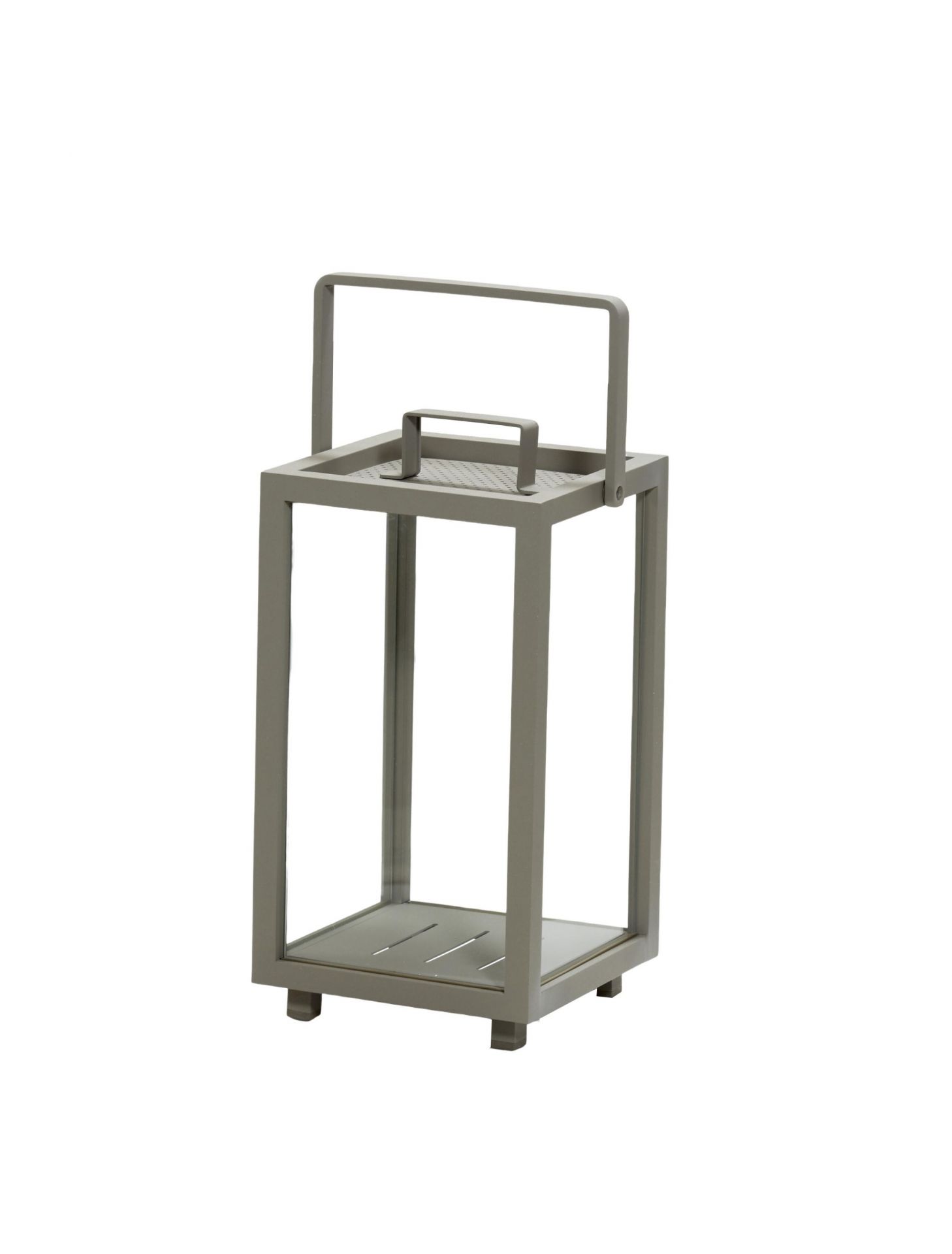 Kleine taupefarbene Lighthouse Laterne von Cane-Line aus Aluminium mit Tragegriff und Glaswänden.