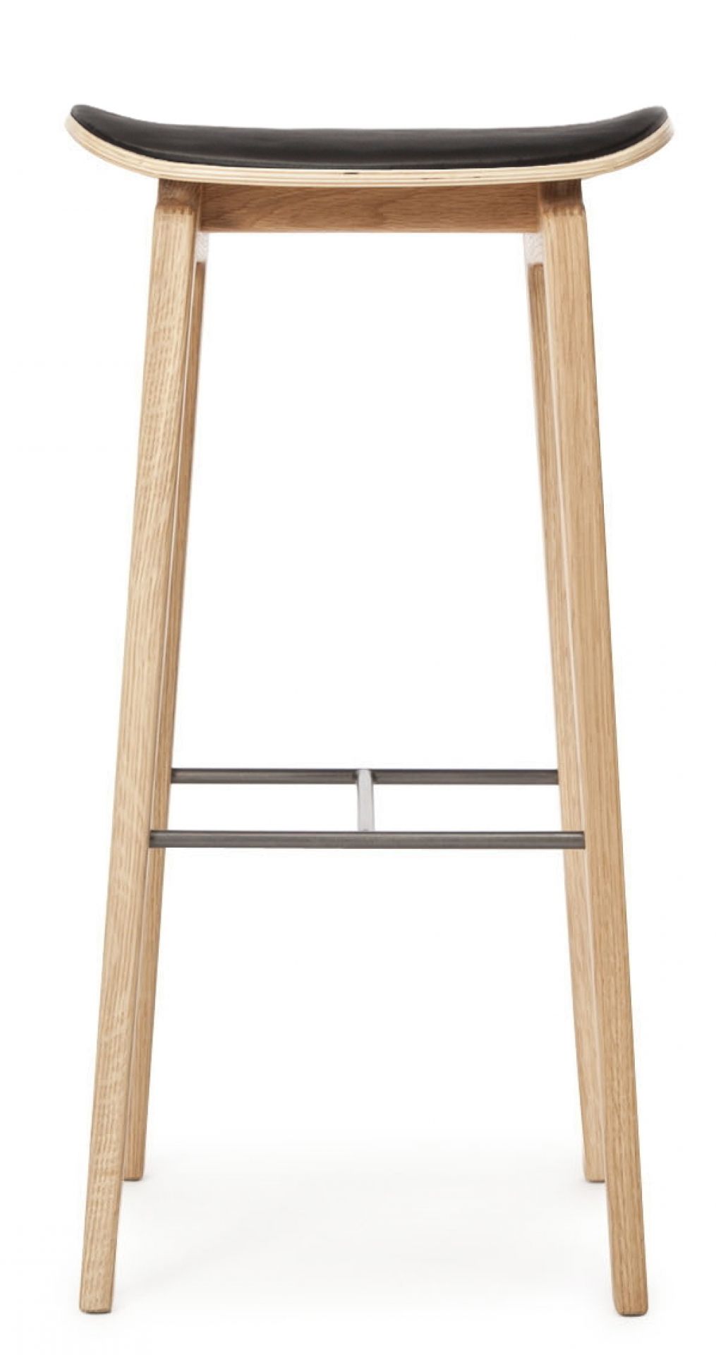 NY11 Barhocker aus Eiche natur mit schwarzem Lederpolster, 75 cm hoch.