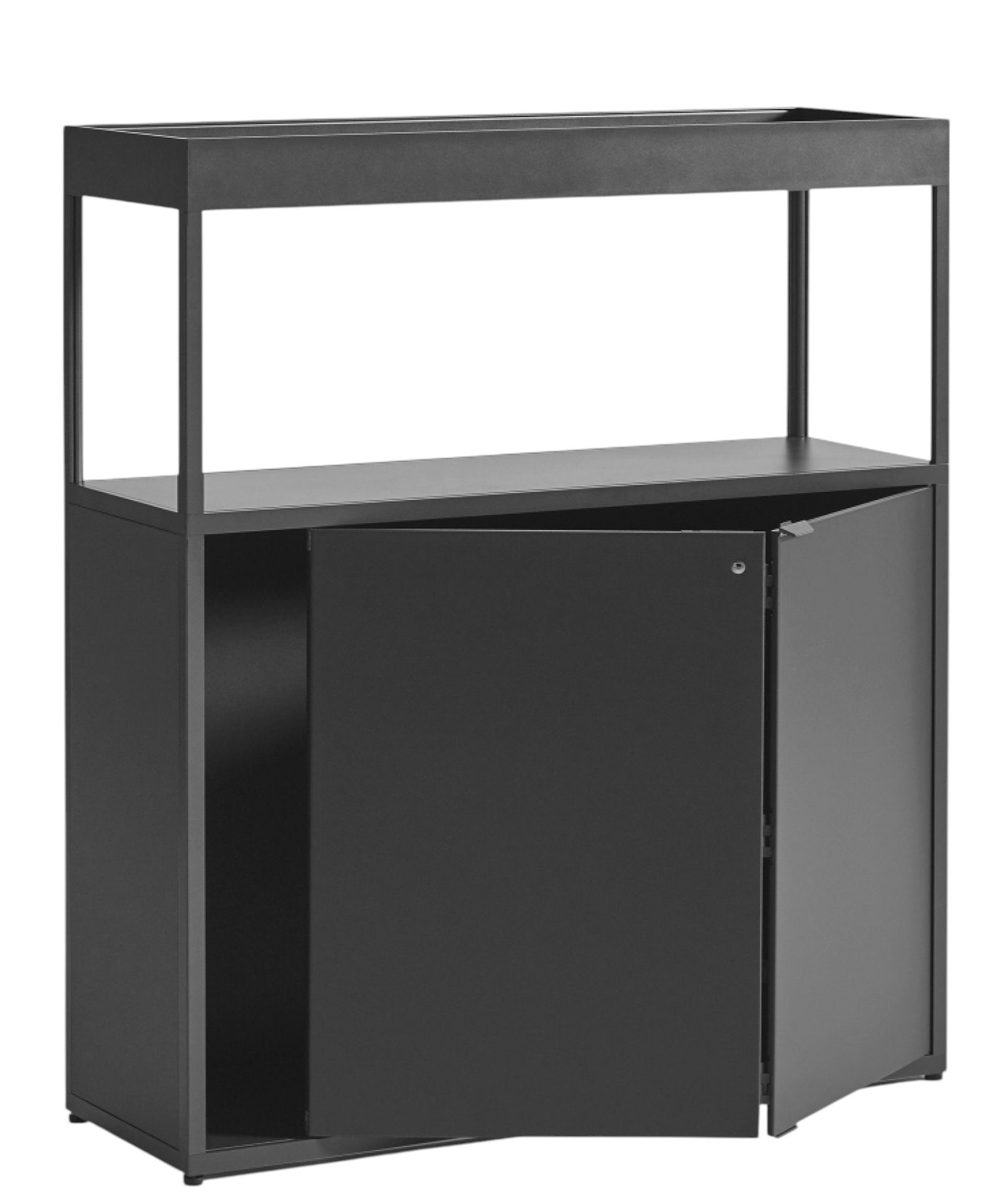 Schwarzes New Order Sideboard von Hay mit Regalen und einer geöffneten Tür.