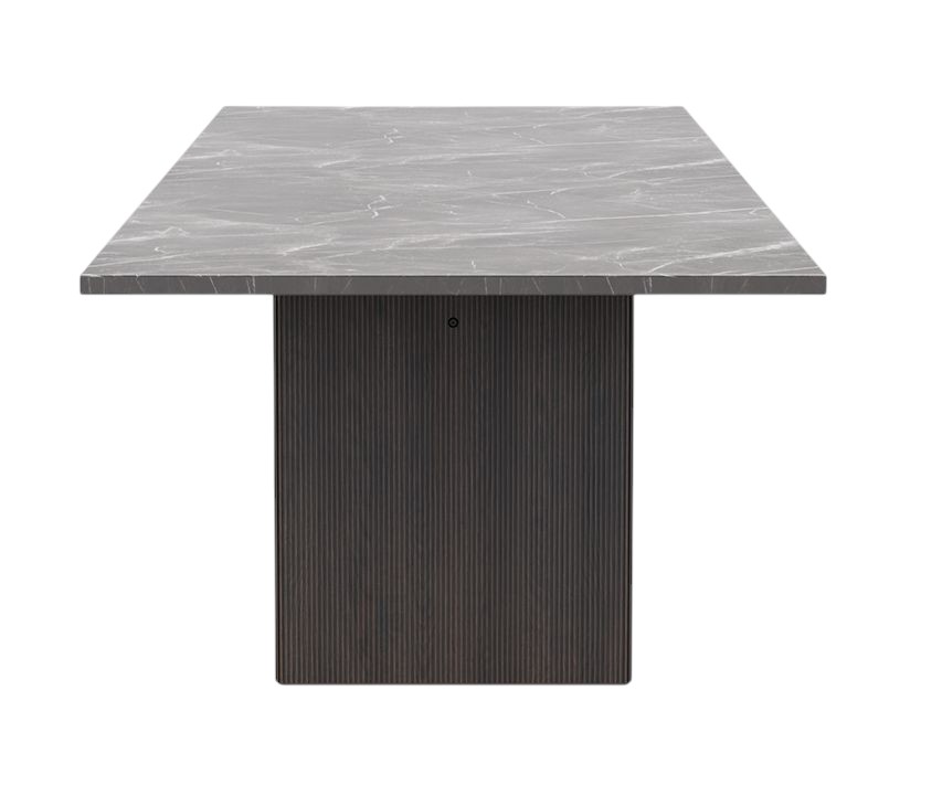 Cabin Square Table Esstisch mit Jura Grau Blau Marmorplatte und dunklem Eichenholz-Gestell.