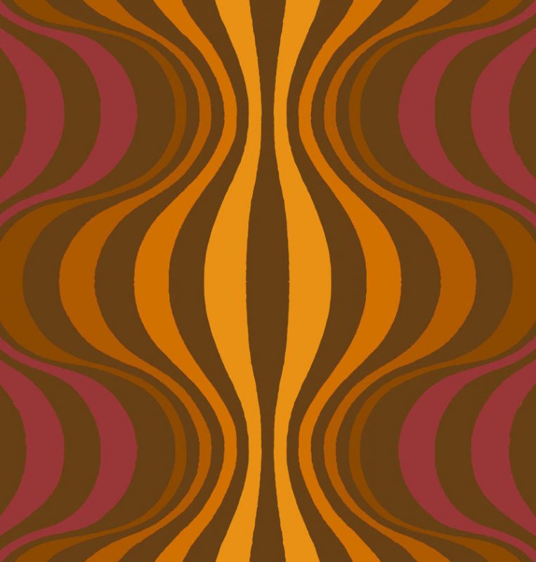 Abstraktes Muster der Verner Panton VP Onion 2 Tapete mit braunen, orangefarbenen und roten Wellenlinien.