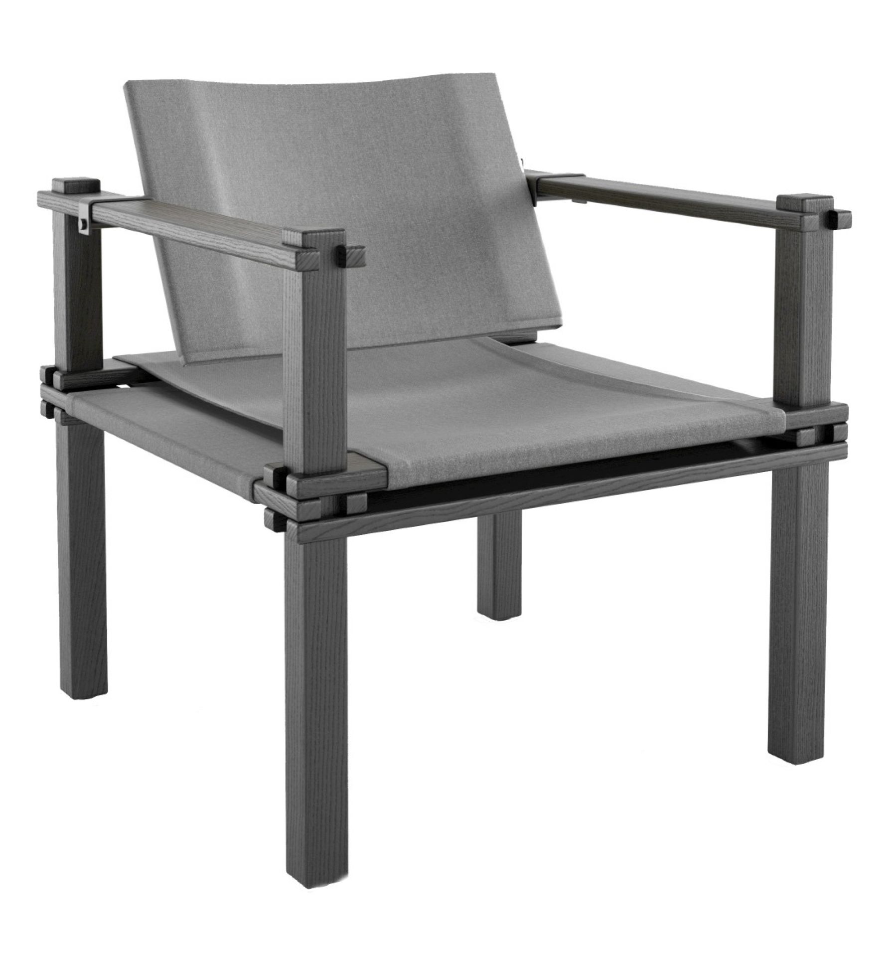 Grauer Farmer Sessel Outdoor Cor: Moderner Gartensessel mit Armlehnen und Stoffbezug für den Außenbereich.