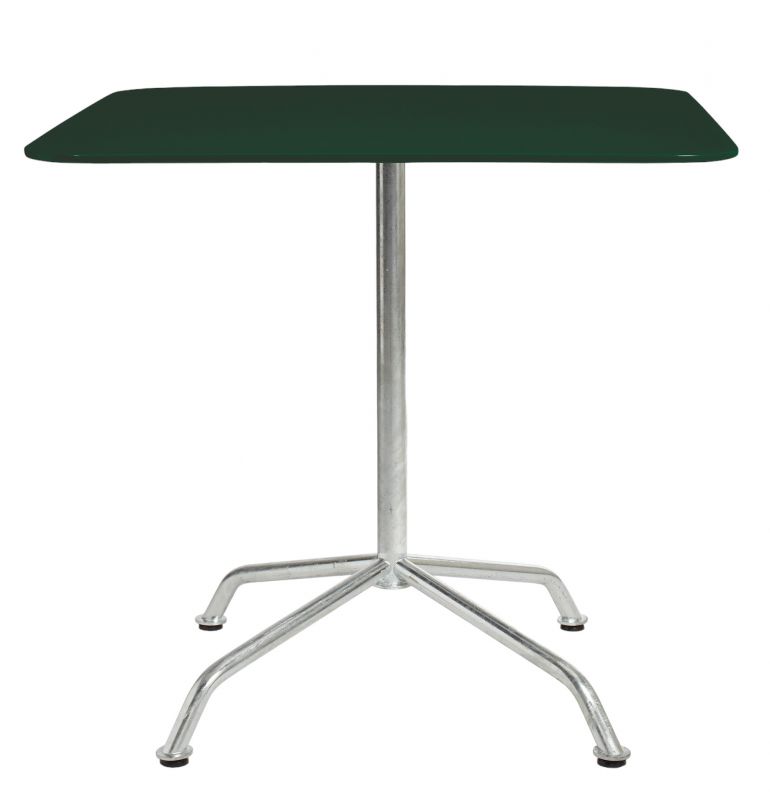 Haefeli Gartentisch mit grüner Tischplatte und silberfarbenem Metallgestell für den Außenbereich.