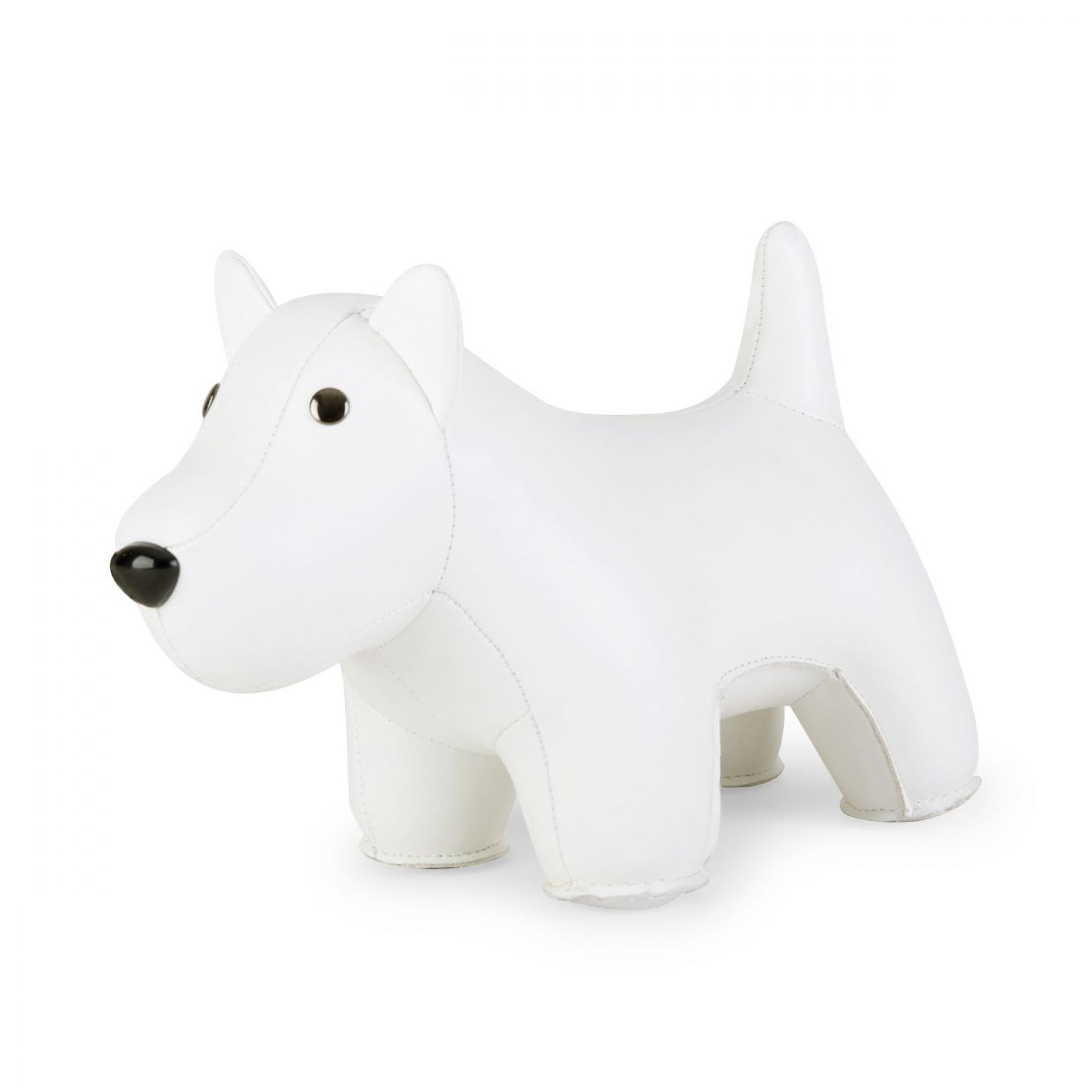 Weiße West Highland Terrier Buchstütze von Züny, dekorative Tierfigur aus Kunstleder für Bücherregale.
