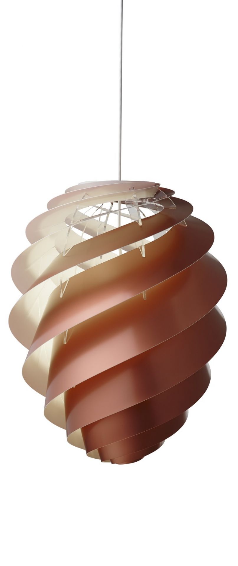 Kupferfarbene Swirl Pendelleuchte von Le Klint, spiralförmiges Design, moderne Hängelampe für Wohnzimmer und Essbereich.