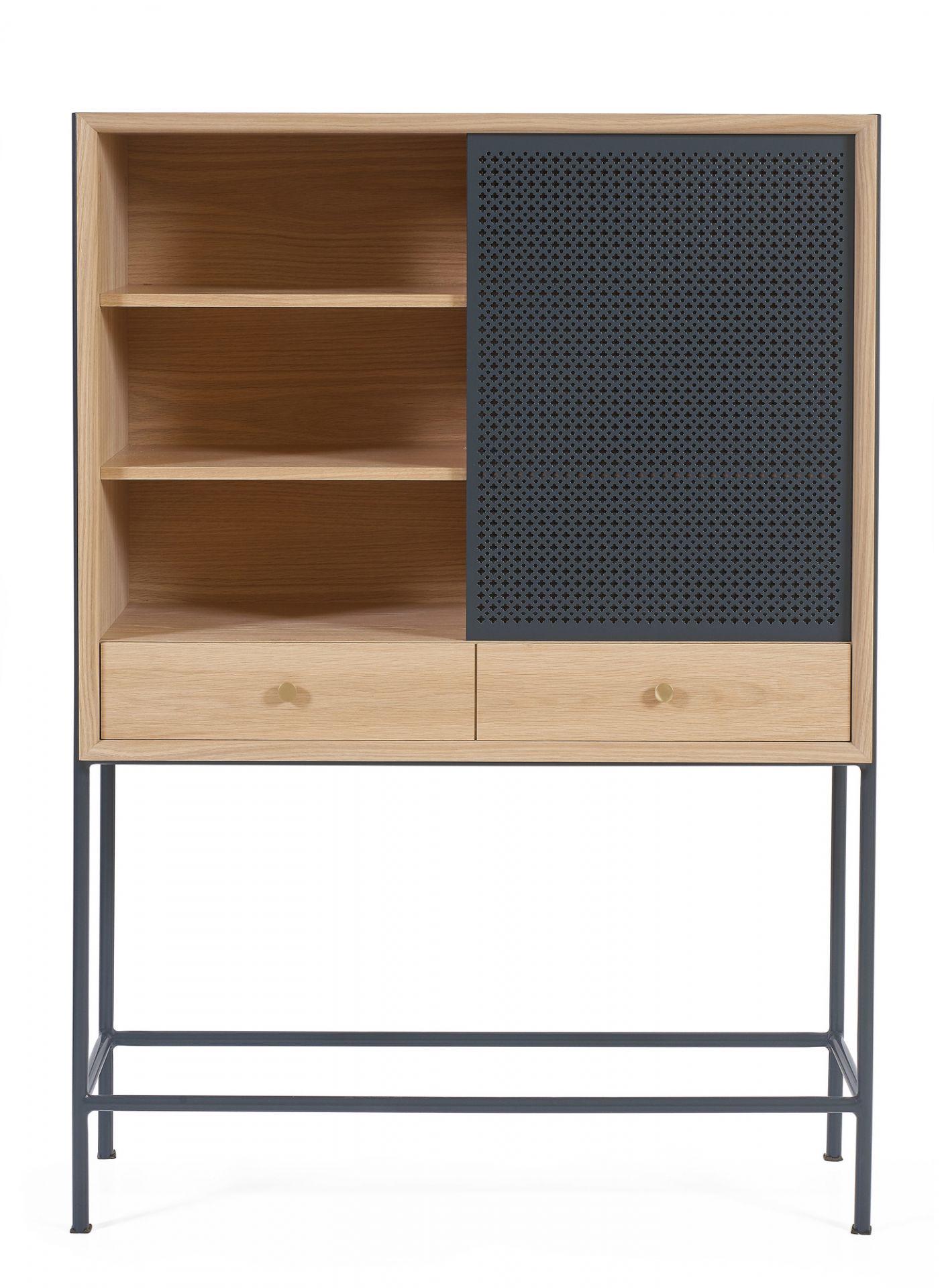 Gabin Cabinet von Hartô: Anrichte aus Holz mit Schiebetür und Metallgestell.