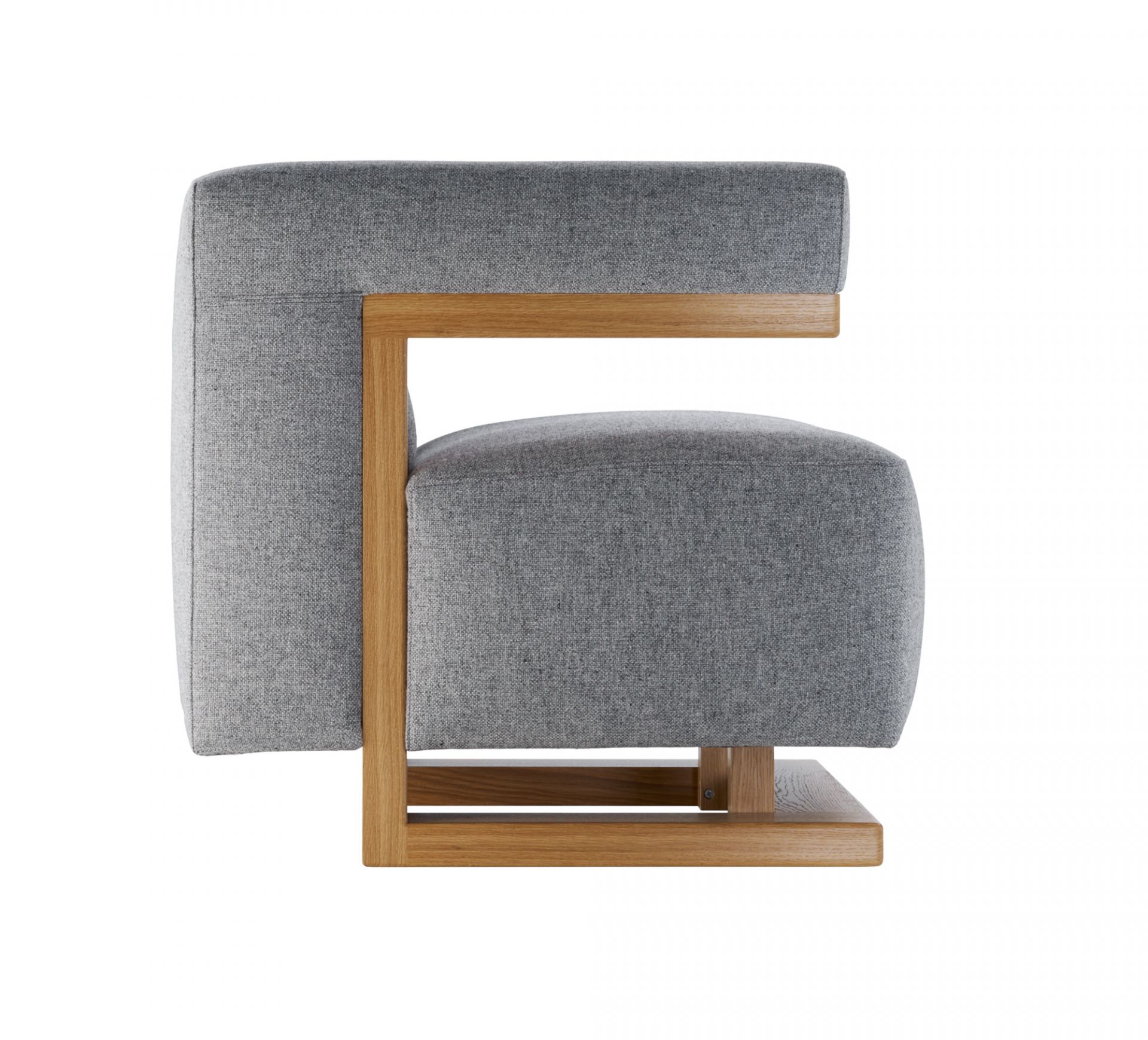 Gropius Sessel F51 im Bauhaus-Stil, grauer Stoffbezug und Gestell aus massivem Eichenholz.