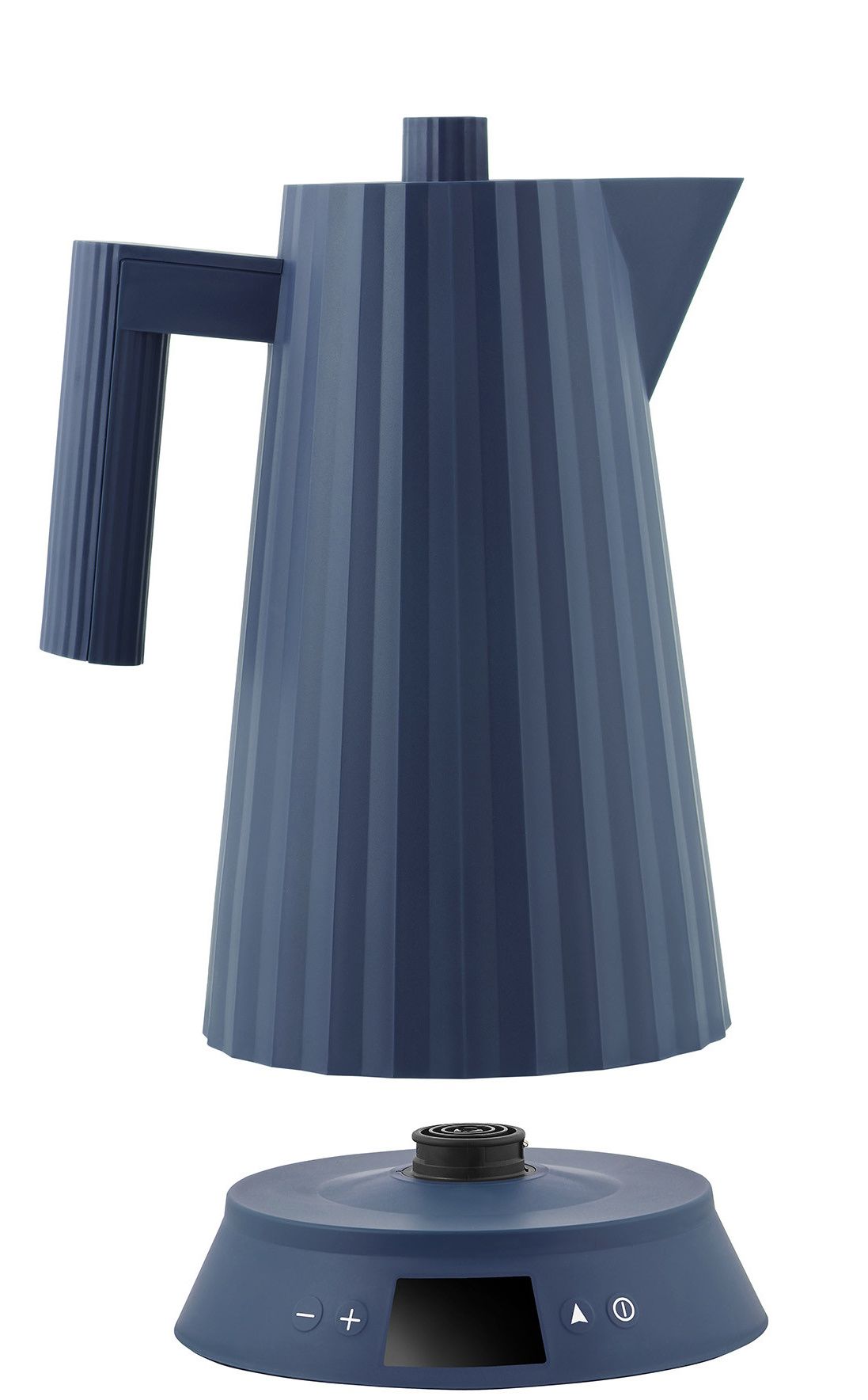 Blauer Alessi Plissé Wasserkocher mit Temperaturregelung und gerippter Oberfläche auf der Basis.