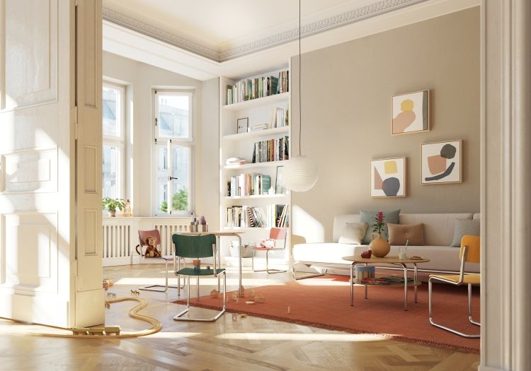 Helles Kinderzimmer mit Thonet S 43 K Freischwinger Kinderstuhl in Grün und Spielzeug auf dem Boden.