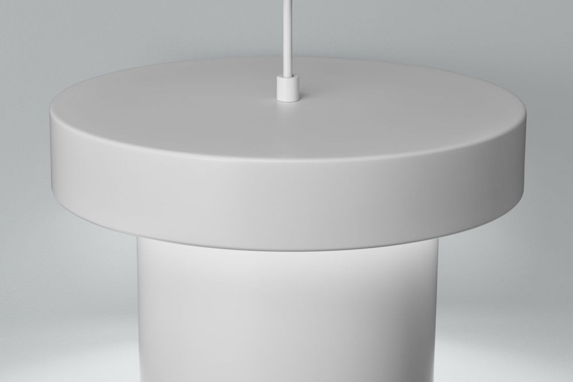 Nahaufnahme der weißen Artek A201 Pendelleuchte, modernes Design für Wohnzimmer und Esszimmer.