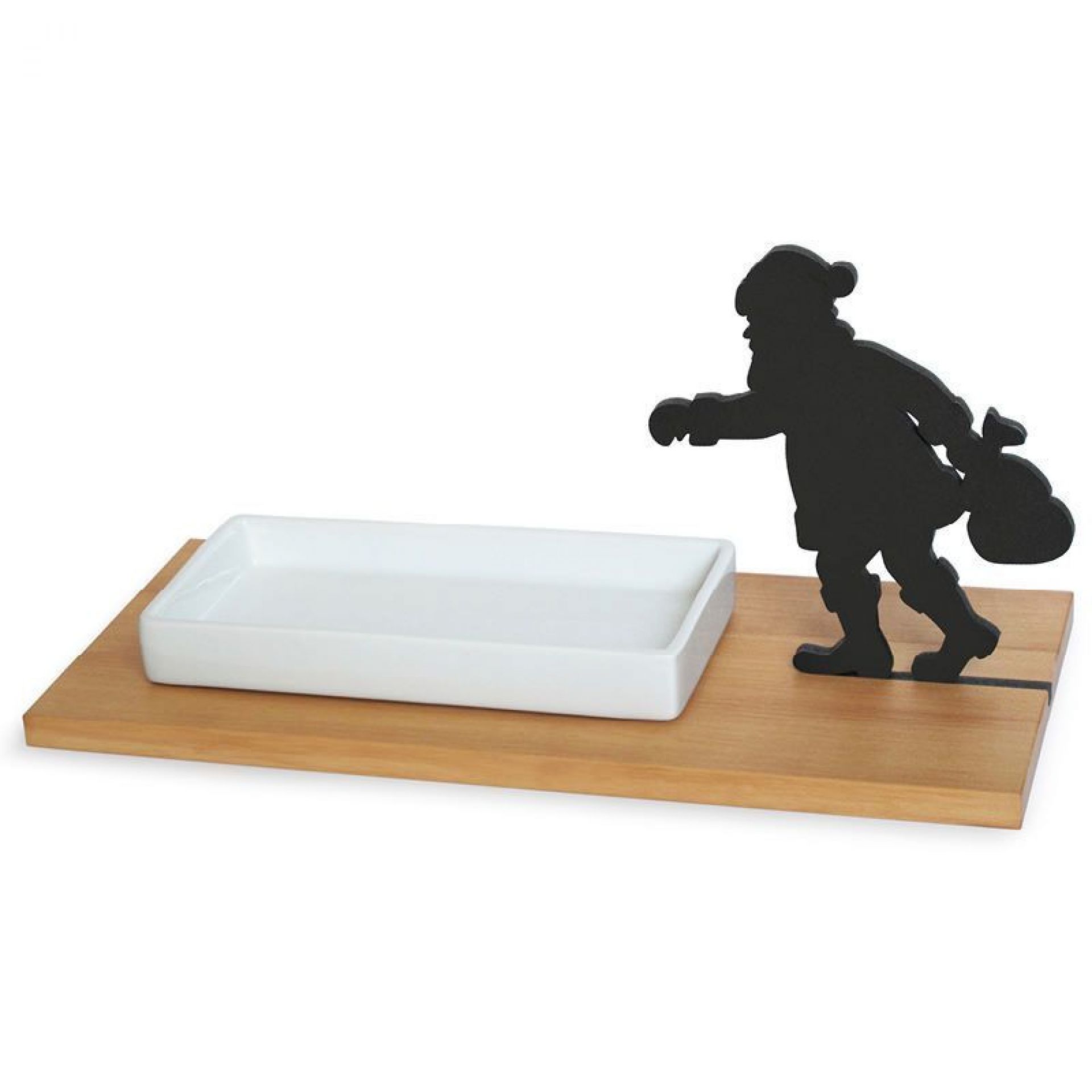 Klaus Keksschale mit Santa Figur: Keramikschale auf Holzbrett, festliche Dekoration für Weihnachten.