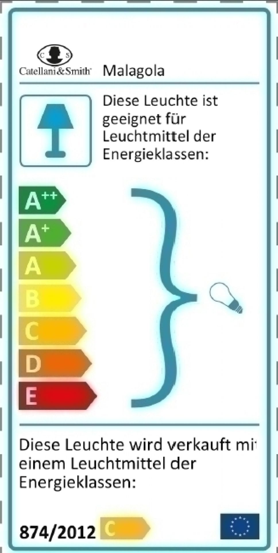 Energieeffizienzlabel der Malagola Hängeleuchte von Catellani & Smith mit Energieklassen A++ bis E.