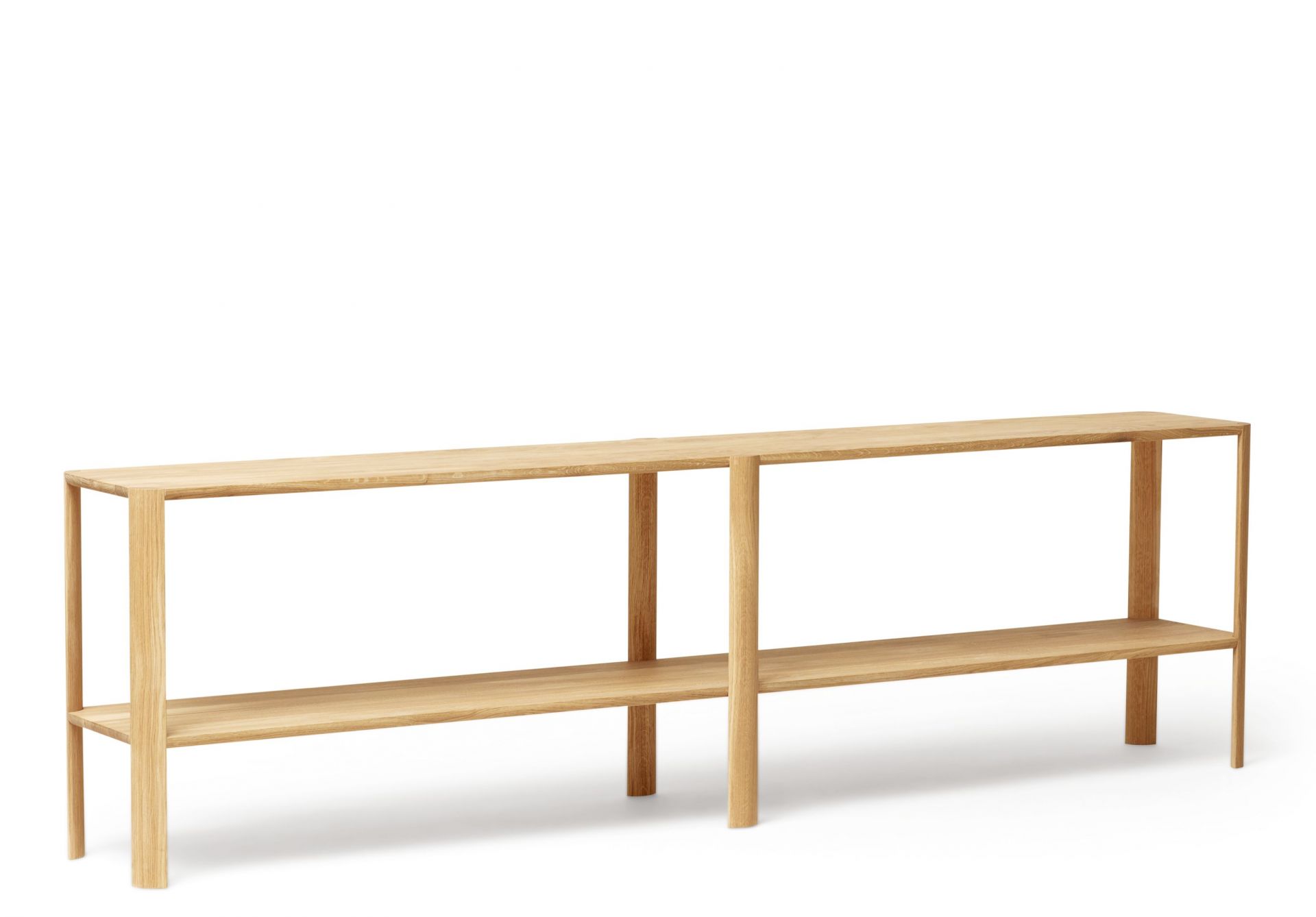 Leaf Regal 2x2 von Form & Refine: Schlichtes, weiß geöltes Eichenregal mit zwei Ebenen.