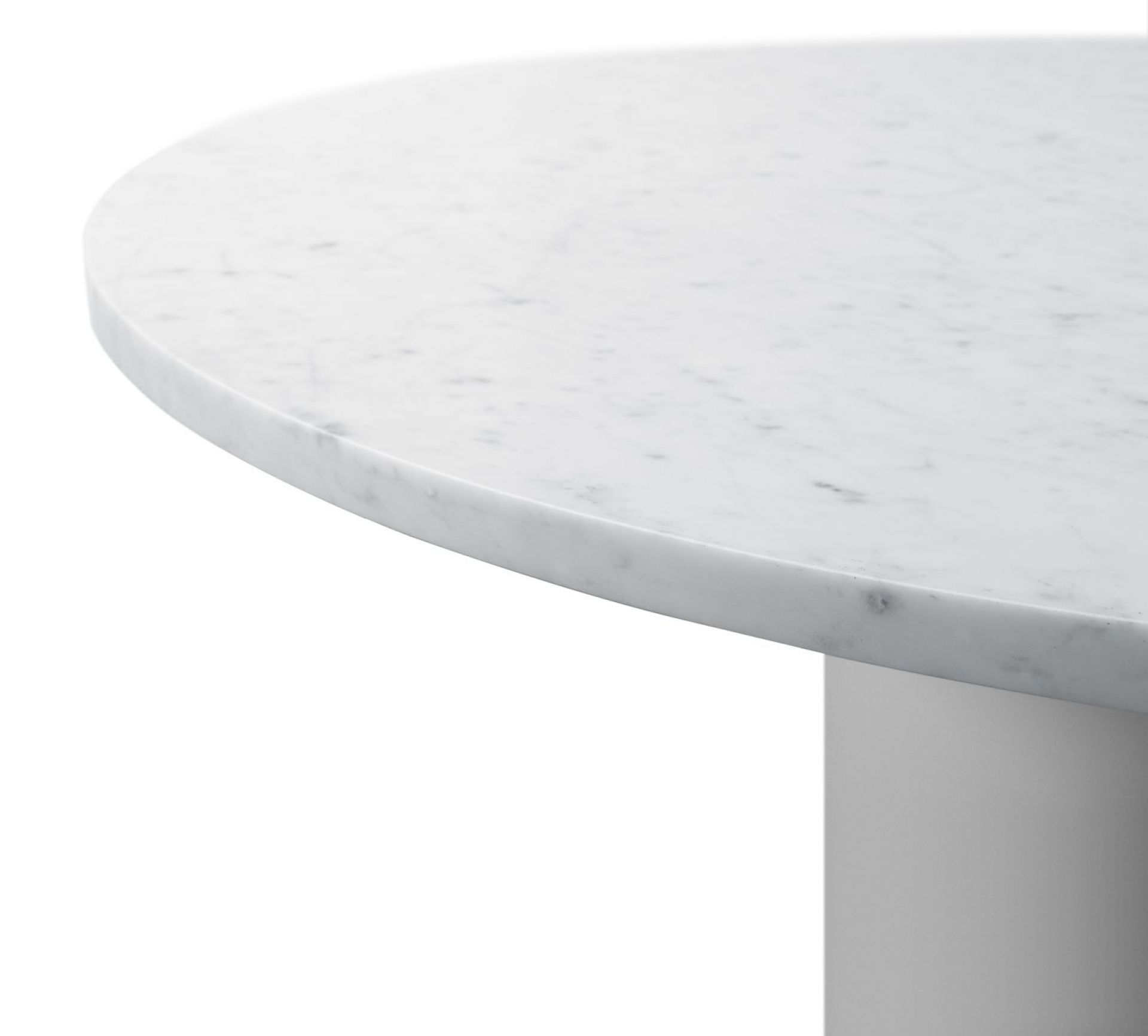 Detailaufnahme: Hiroki Tisch mit runder Tischplatte aus Bianco Carrara Marmor.