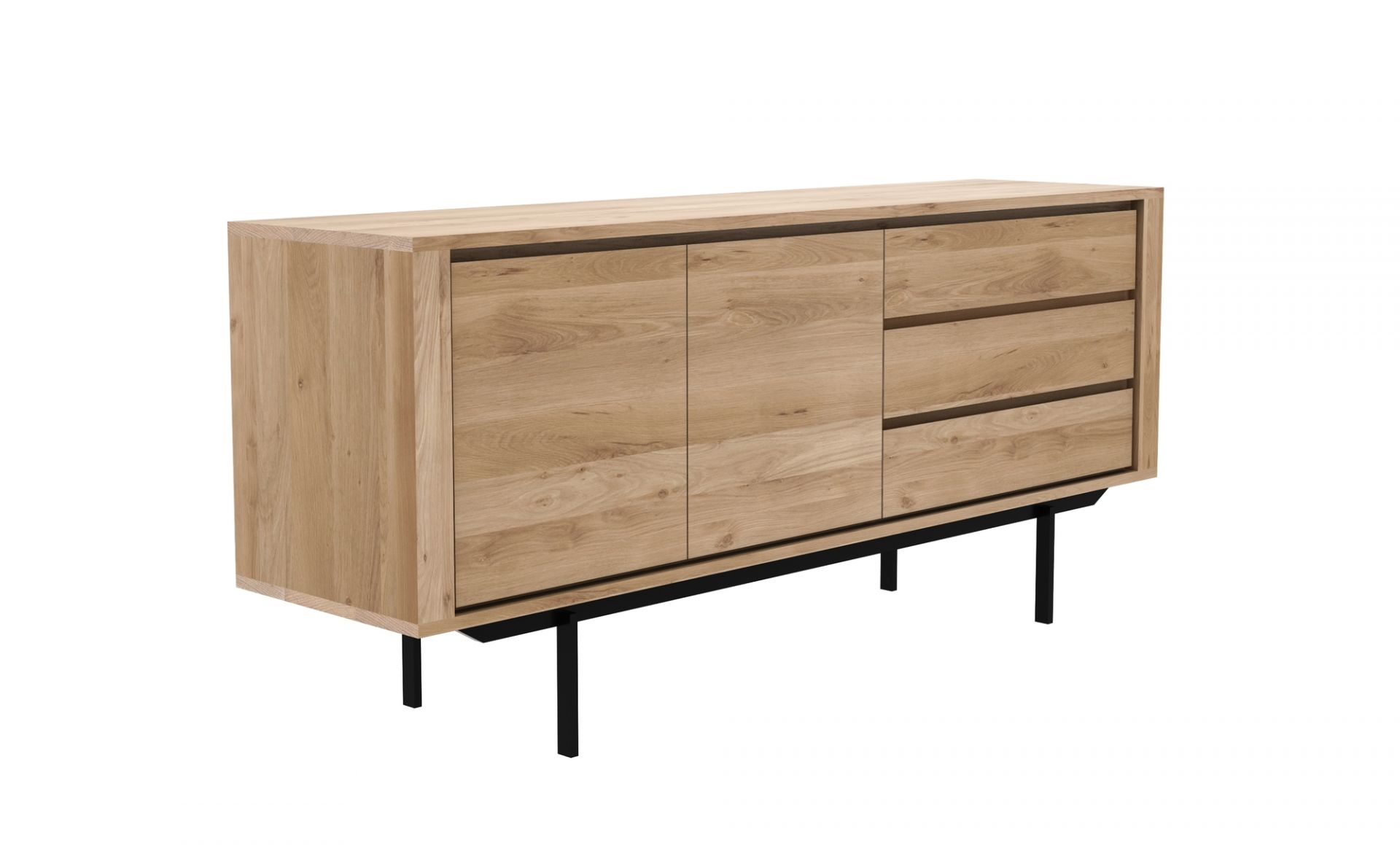 Shadow Anrichte von Ethnicraft: Moderne Kommode aus Eiche mit zwei Türen und Schubladen auf schwarzem Metallgestell.