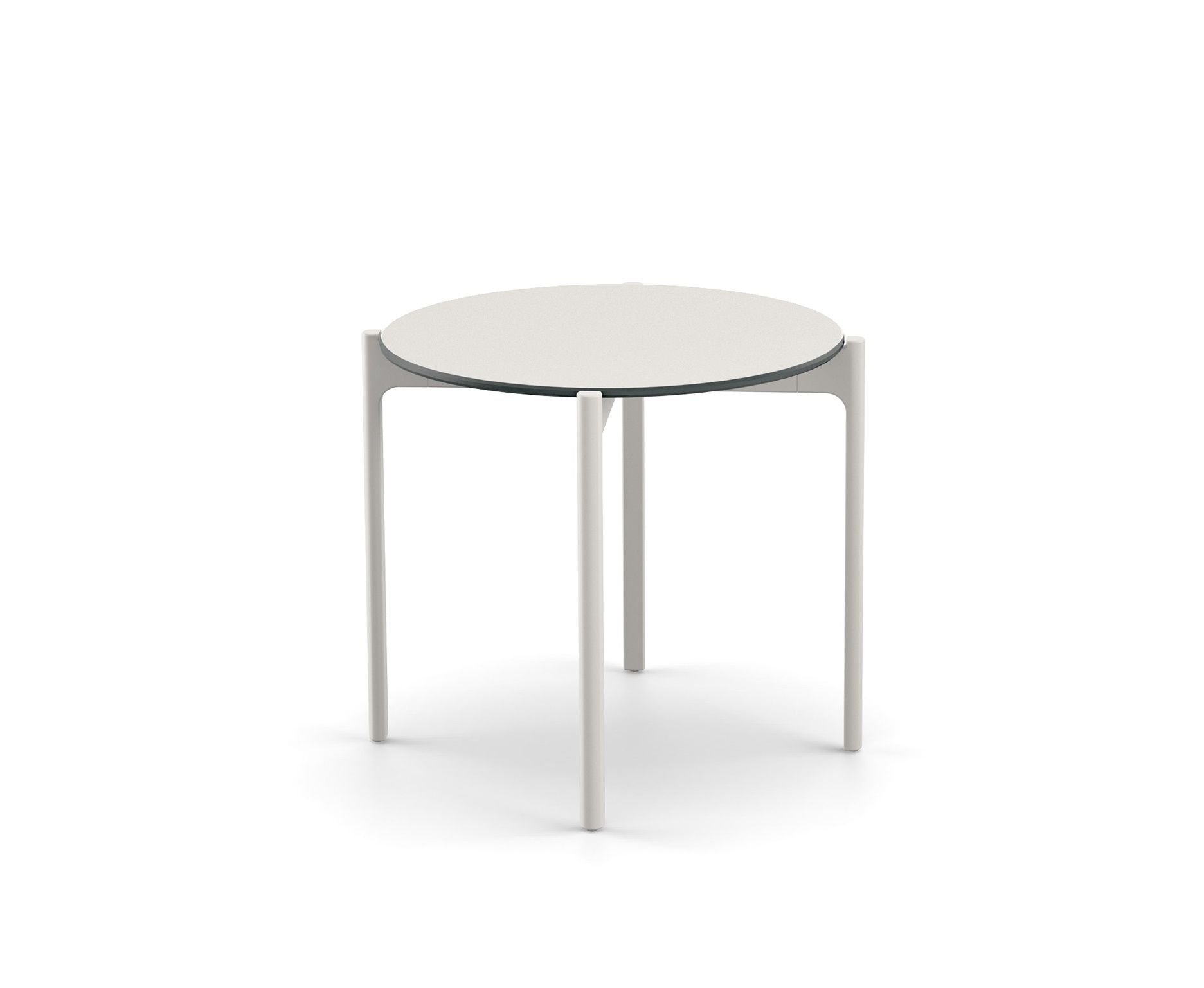 Weißer Izon Beistelltisch von Dedon, runder Gartentisch mit drei Beinen, modernes Design.