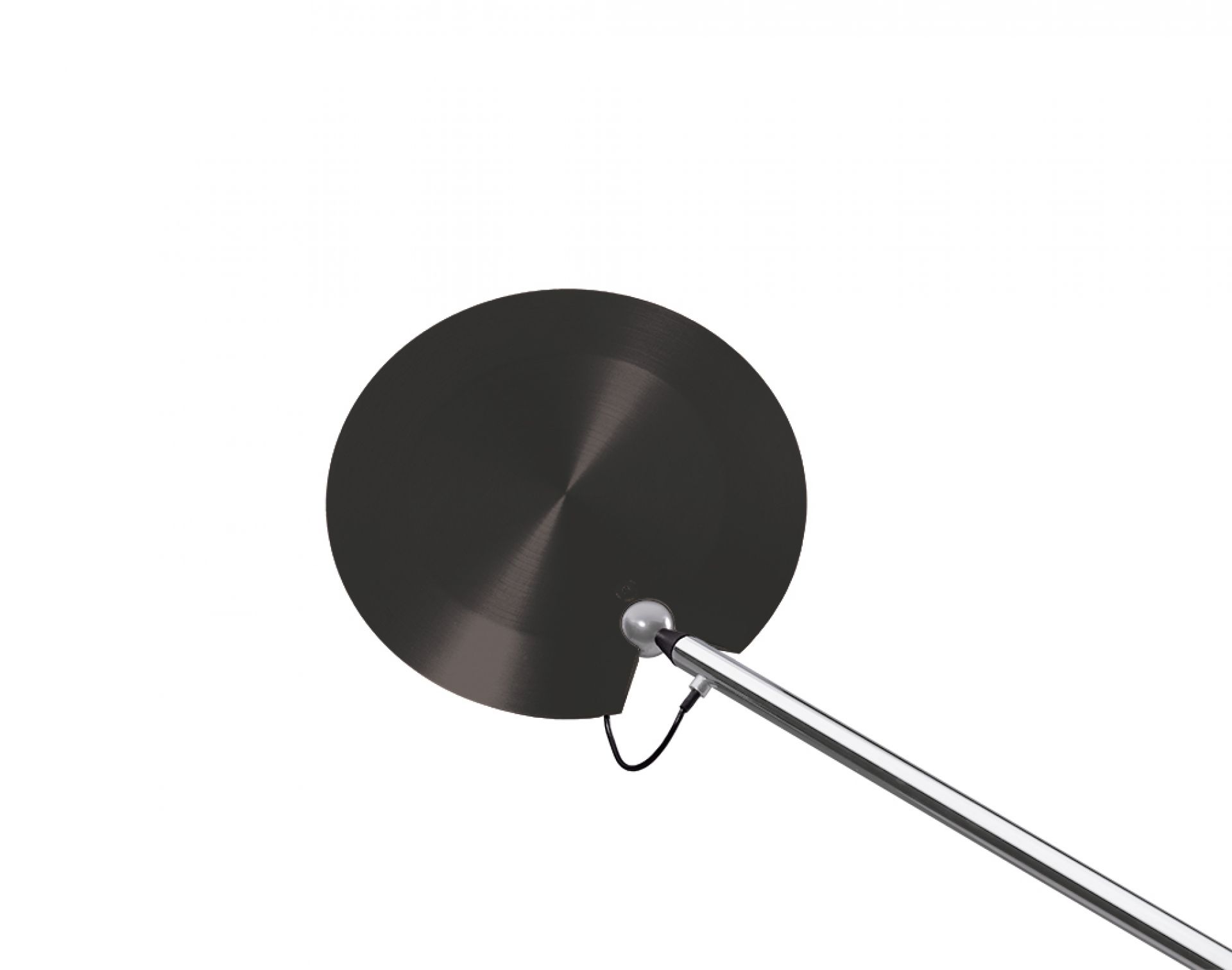 Detailaufnahme der PINA LED Tischleuchte von Baltensweiler, mit rundem, dunklem Lampenschirm und Chromstange.