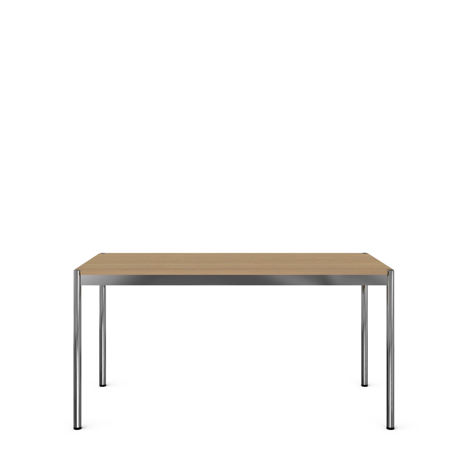 USM Haller Tisch mit Eichenfurnier und verchromtem Gestell, modernes Design für Büro und Zuhause.