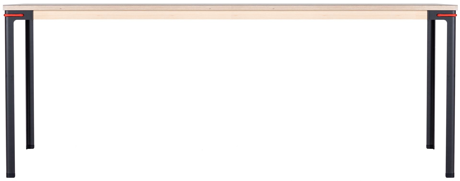 Seiltänzer Tisch von Moormann: Heller Holztisch mit schwarzen Beinen und roter Seil-Verbindung.
