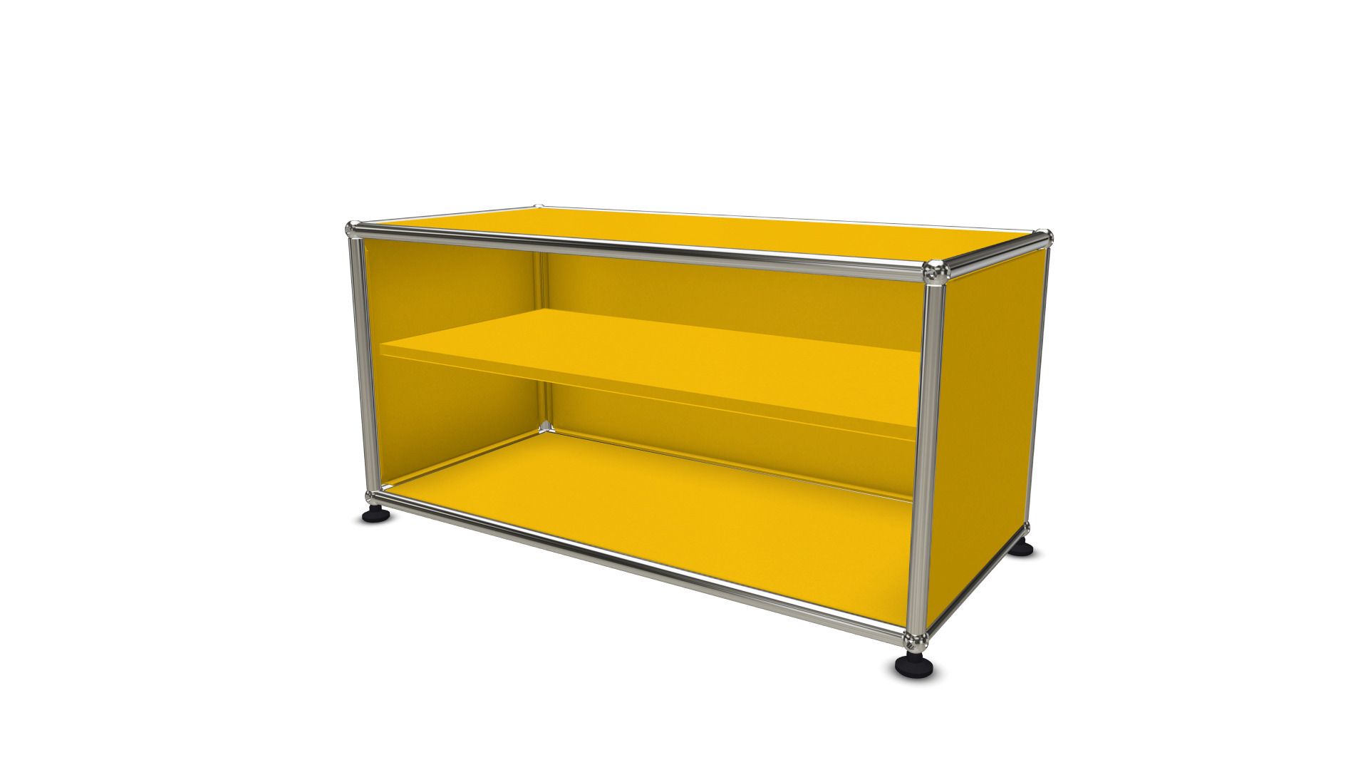 Gelbes USM Haller Regal mit zwei Fächern und silbernen Chromrohren als Ersatzteil oder Möbelstück.