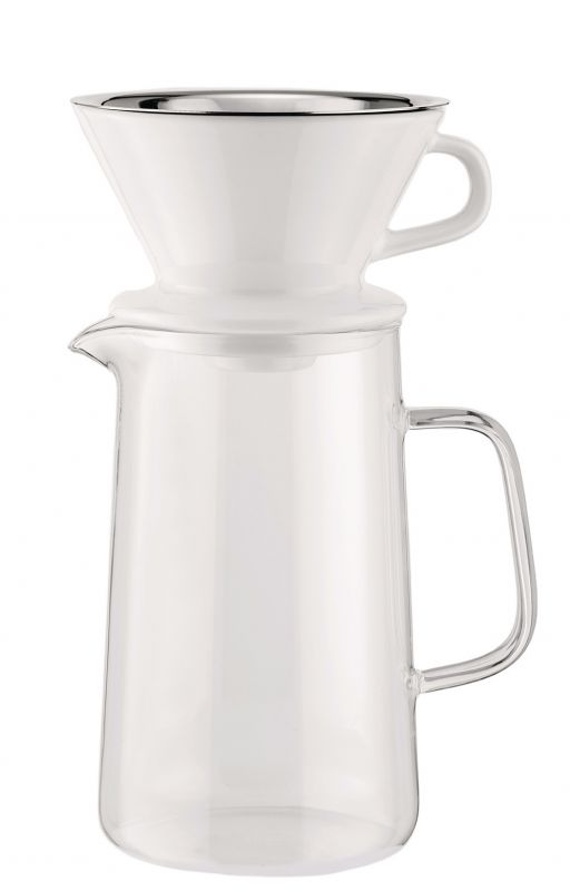 Alessi Slow Coffee Set: Glaskanne mit Filteraufsatz für die Zubereitung von Filterkaffee.