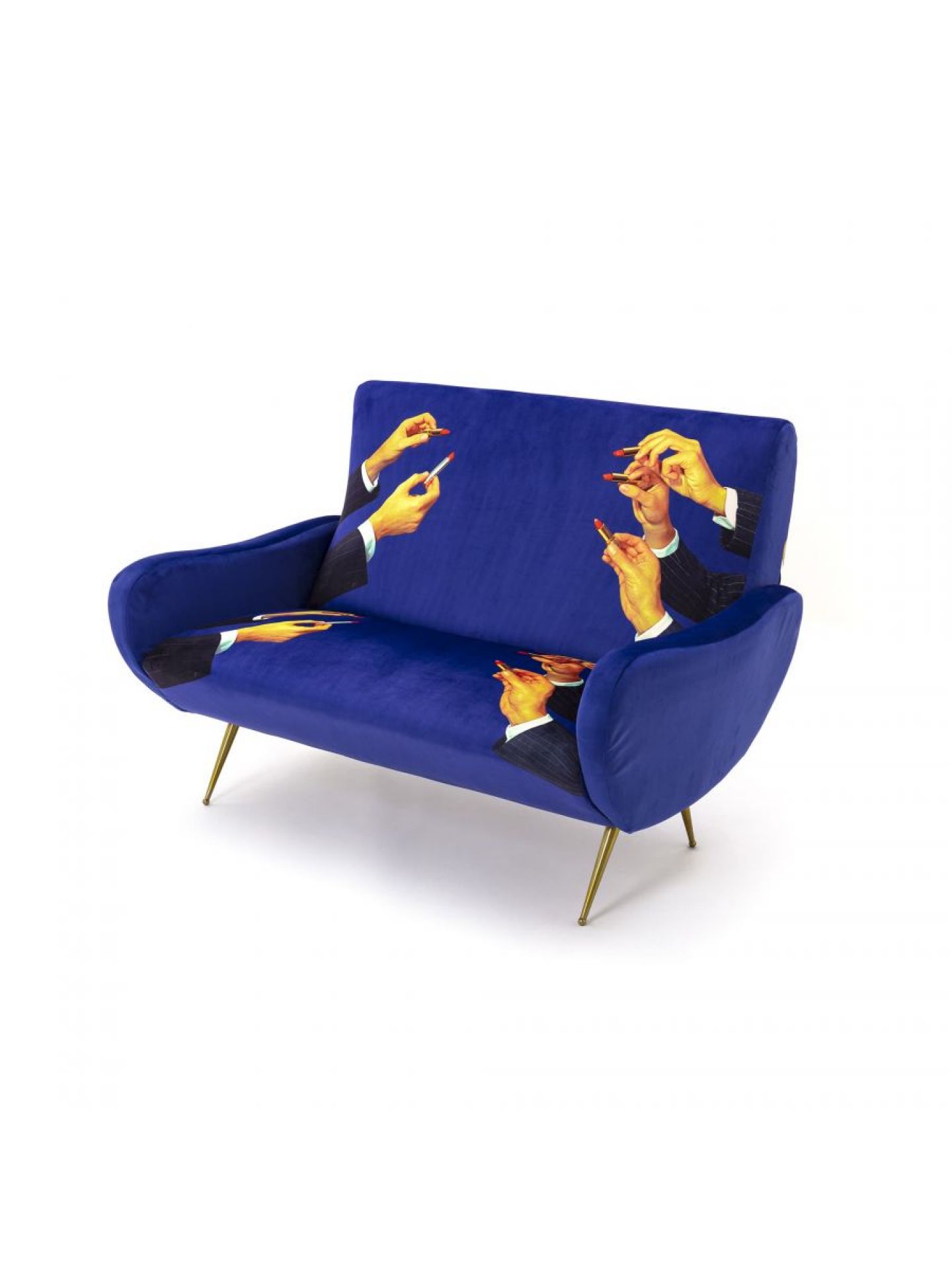 Toiletpaper 2-Sitzer-Sofa Lipsticks Seletti: Blaues Sofa mit Lippenstift-Motiv und goldenen Beinen, modernes Design für Wohnzimmer.