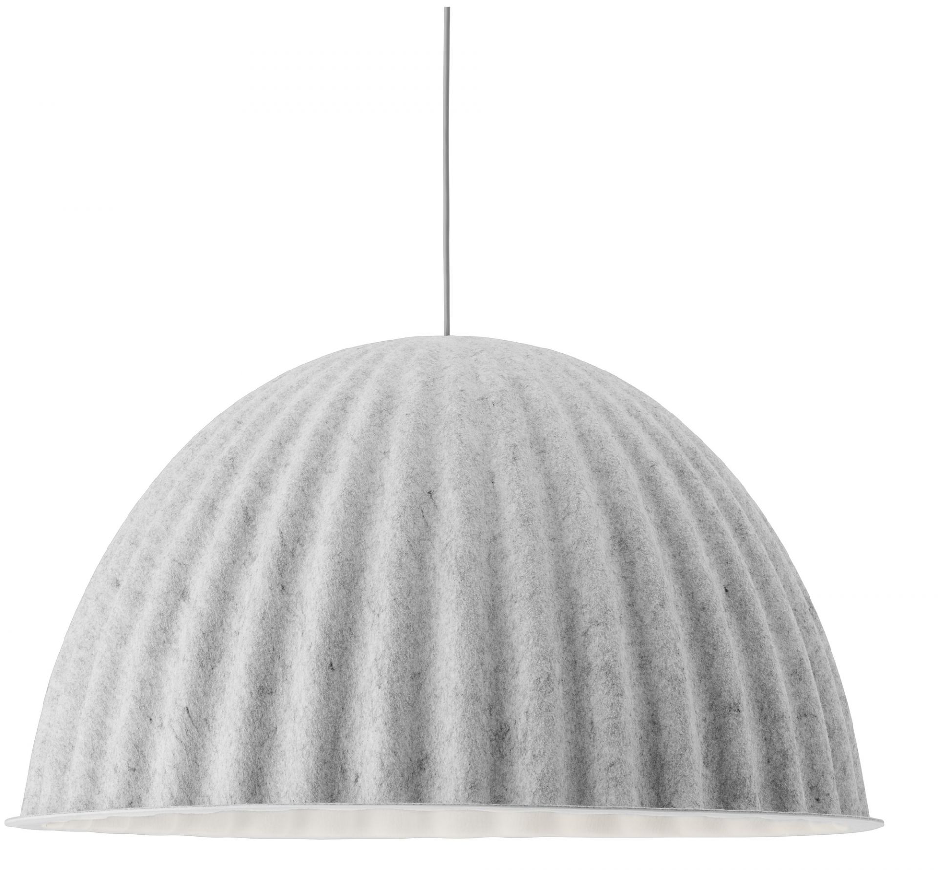 Graue Under The Bell Pendelleuchte von Muuto mit filzähnlicher Oberfläche und gerippter Struktur.