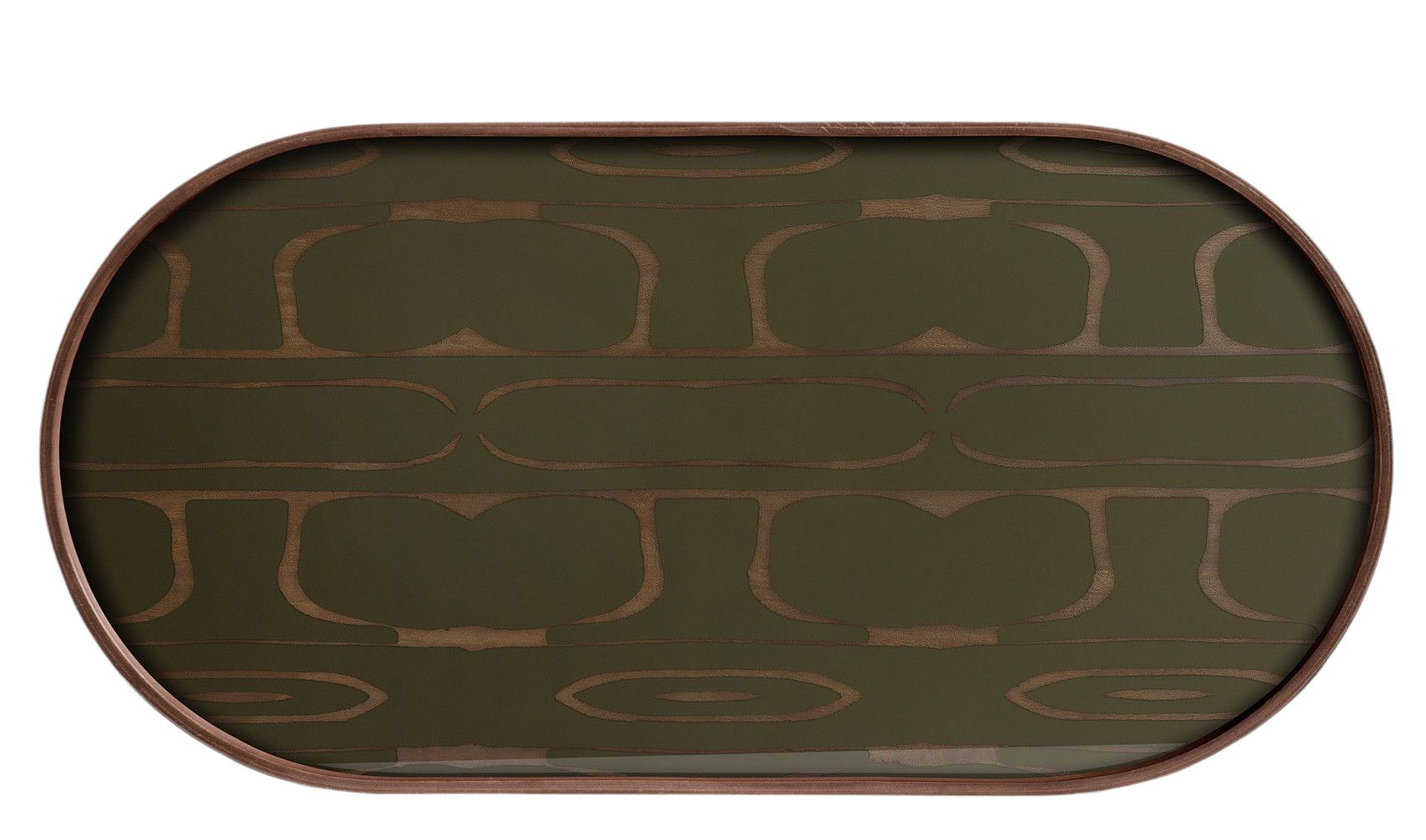Second Nature Tablett von Ethnicraft, langes Holztablett mit ethnischem Muster in Grün und Braun.