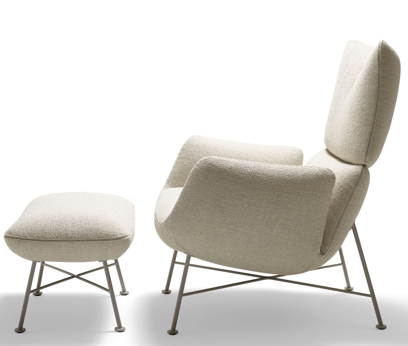 Jalis Lounge Sessel mit Fußhocker von Cor, Bezug in Beige und Drahtgestell.