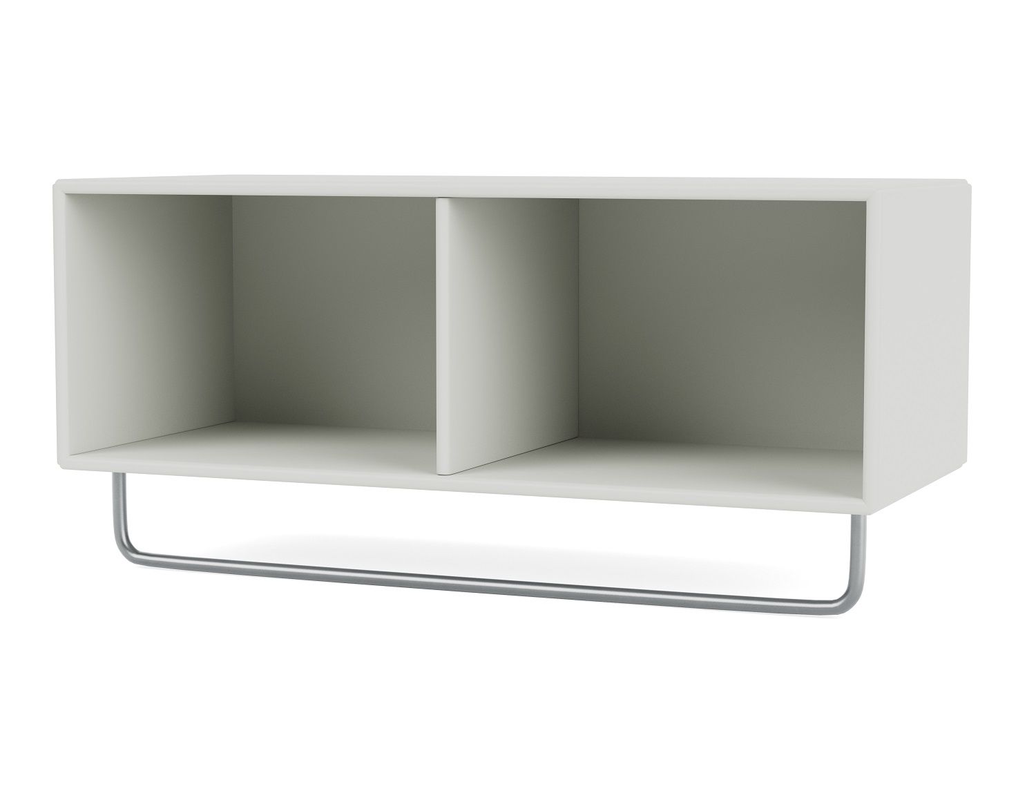 Weiße Nordic Montana Ablage mit zwei Fächern und silberner Kleiderstange. Wandgarderobe für Flur.