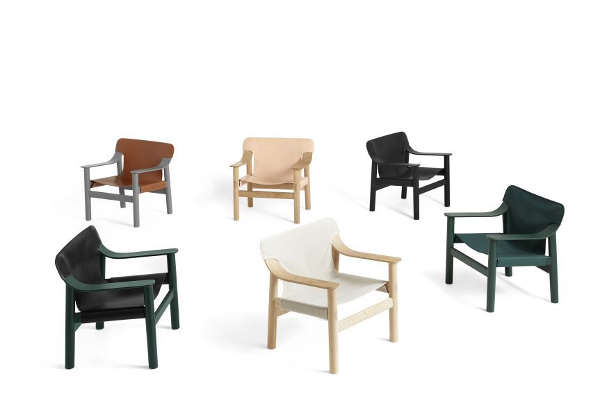 Produktbild: Mehrere Bernard Chair Sessel von Hay in verschiedenen Farben und Materialien.