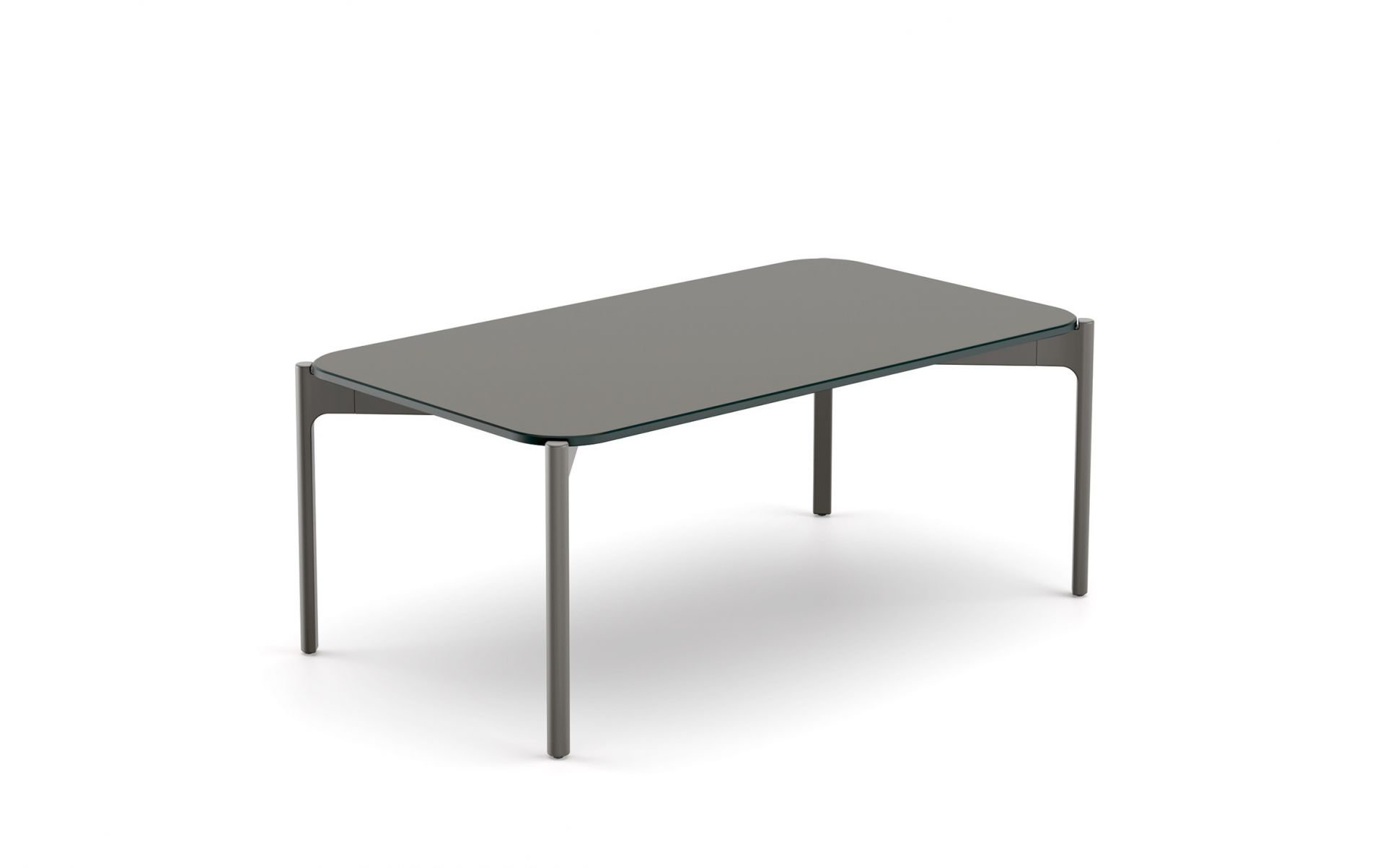 Izon Kaffeetisch von Dedon, 90x50cm, mit grauer Glasplatte und filigranem Metallgestell. Moderner Couchtisch.